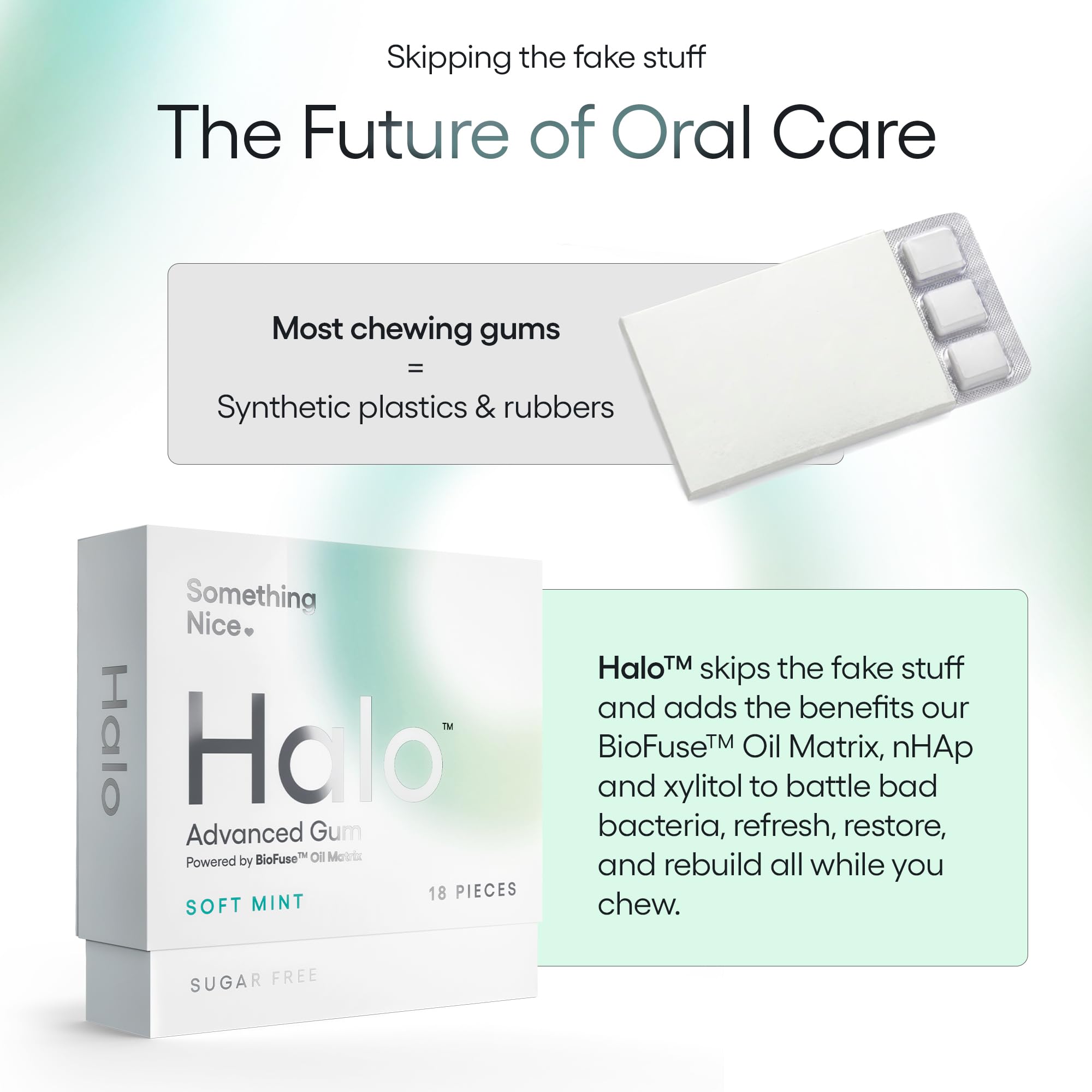 Halo Advanced Remineralizing Gum with Hydroxyapatite - Natural, Sugar Free, nHAp & Xylitol Gum for Healthy Teeth, Enamel Repair & Oral Microbiome