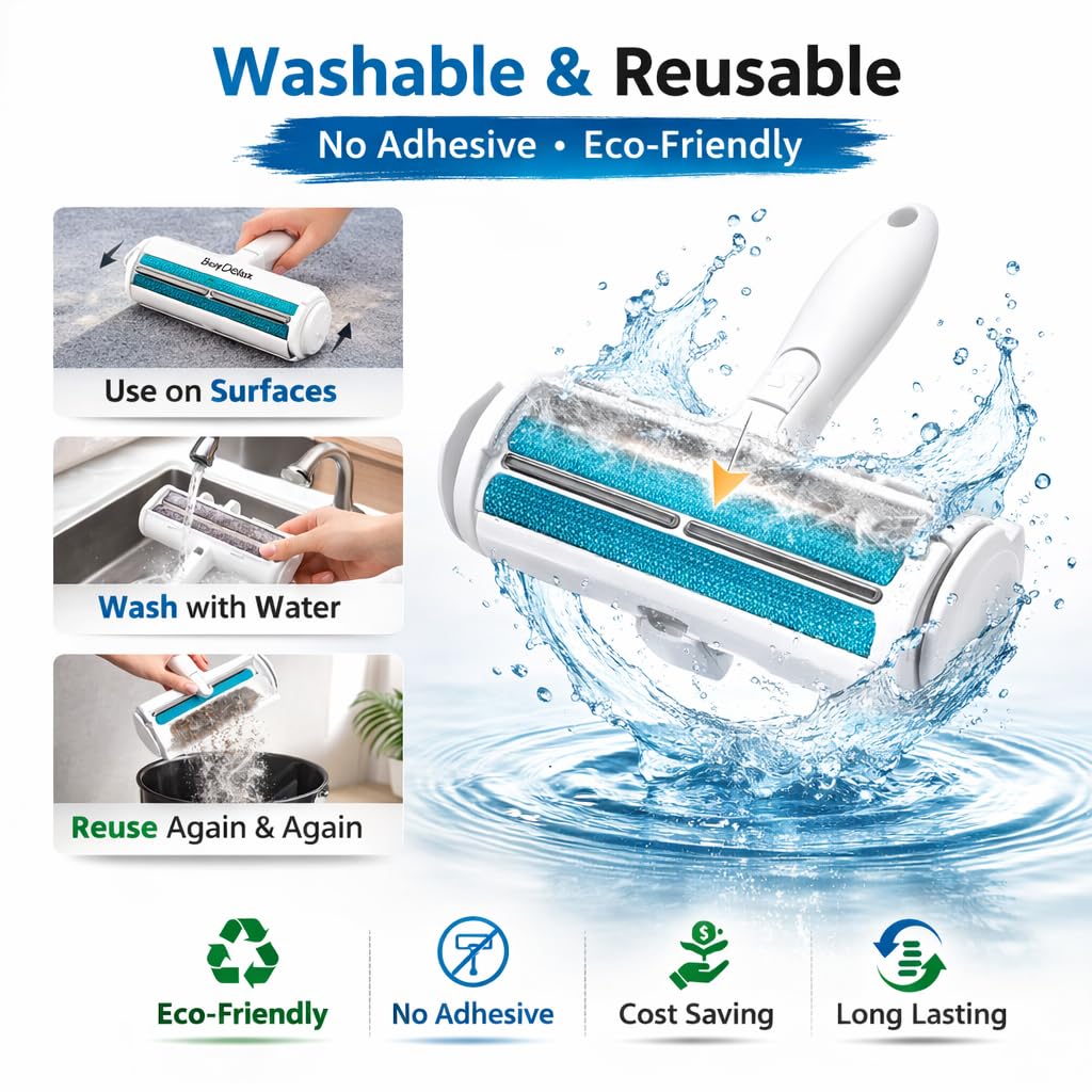 BuyDelux Pet Hair Remover Roller, Reusable Self-Cleaning Lint Roller for Dog & Cat Hair, Fur Removal for Furniture Couch Carpet Car Clothes & Bedding