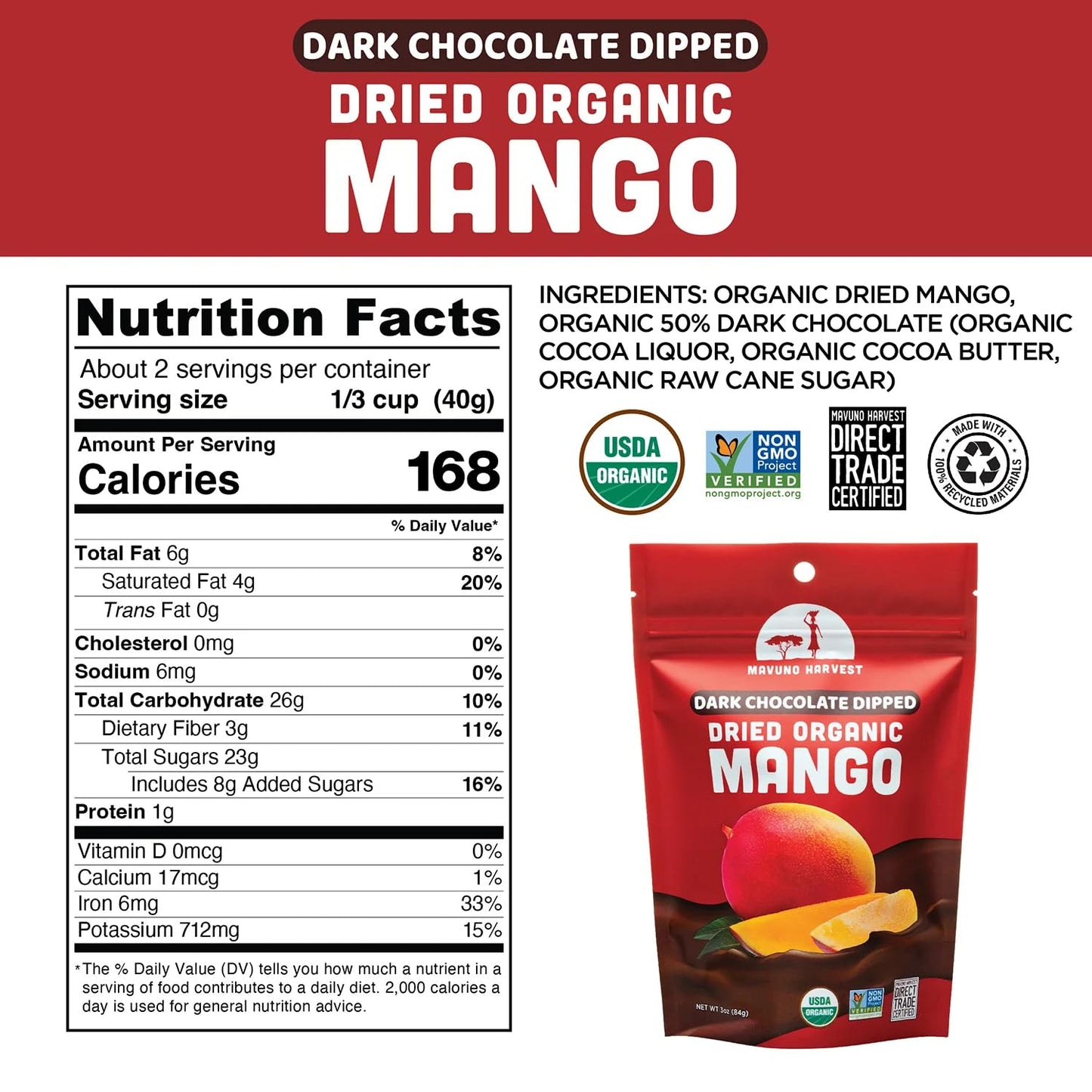 Mavuno Harvest Organic Chocolate Covered Mango - Organic Dried Mango Dipped in Dark Chocolate - Non GMO, Fair Trade, No Preservatives & Vegan