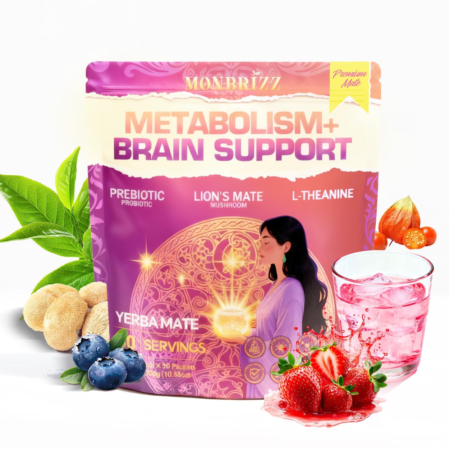 Monbrizz Instant Yerba Mate Powder - Coffee Alternative Energy Drink with Lion's Mane, L-Theanine, Probiotics & Prebiotics - Mental Clarity & Focus