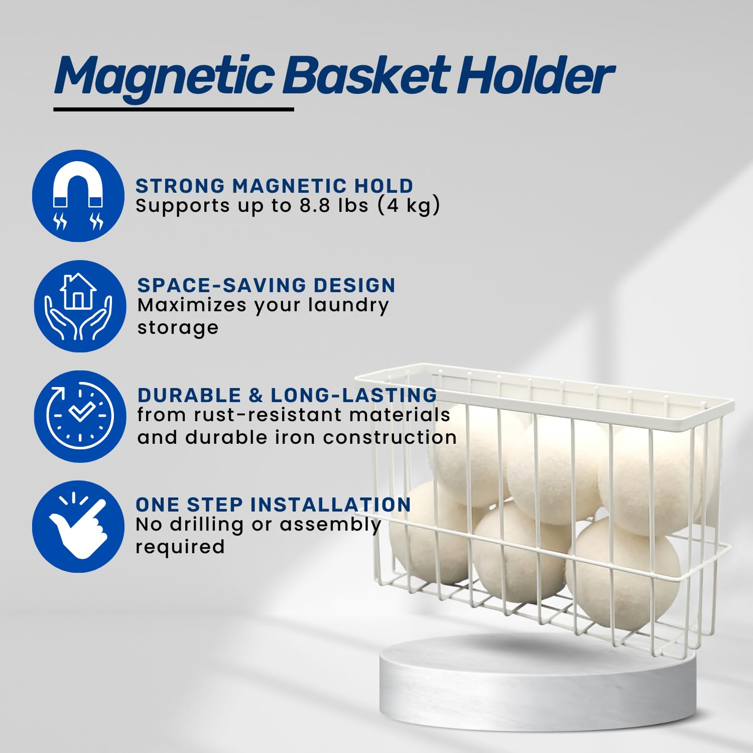 Magnetic Dryer Ball Holder Plus 6 XL Wool Dryer Balls from New Zealand Wool- Laundry Dryer Balls Storage Containers: Easy Install Without Tools