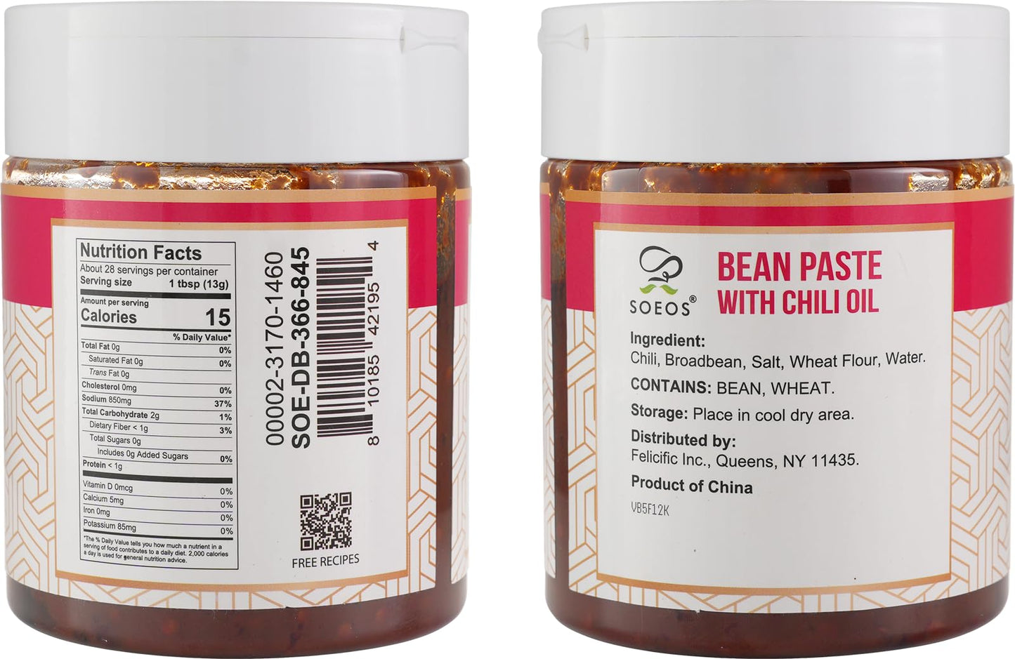 Soeos Broad Bean Paste with Chili Oil, 13 oz (366g) Pack of 2, Sichuan Hongyou Doubanjiang, Authentic Chinese Cooking Condiment, Bold & Savory Flavor