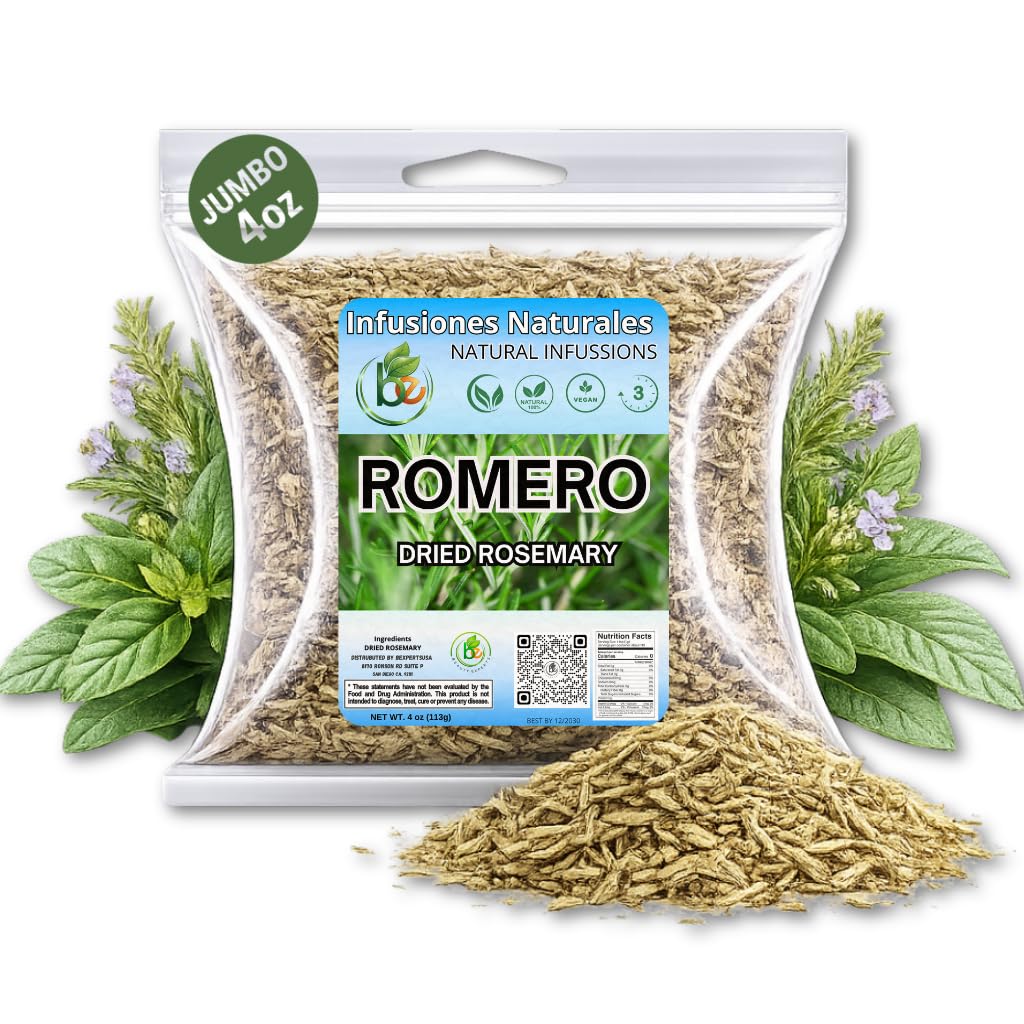 Romero - Dried Rosemary Leaves - 4 oz (113g) - Premium Whole Herbs for Cooking & Tea - All-Natural, Non-GMO, Gluten-Free - Hoja de Romero Deshidratada
