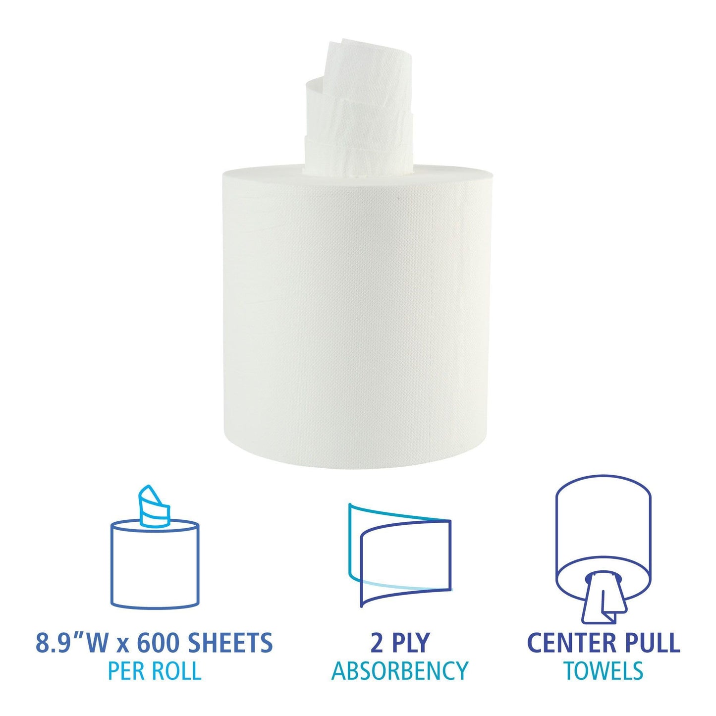 Boardwalk Bathroom Center-Pull Disposable Hand Paper Towel Roll, 2-Ply, 7.6 x 8.9, 600/Roll, 6/Carton, White