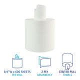 Boardwalk Bathroom Center-Pull Disposable Hand Paper Towel Roll, 2-Ply, 7.6 x 8.9, 600/Roll, 6/Carton, White
