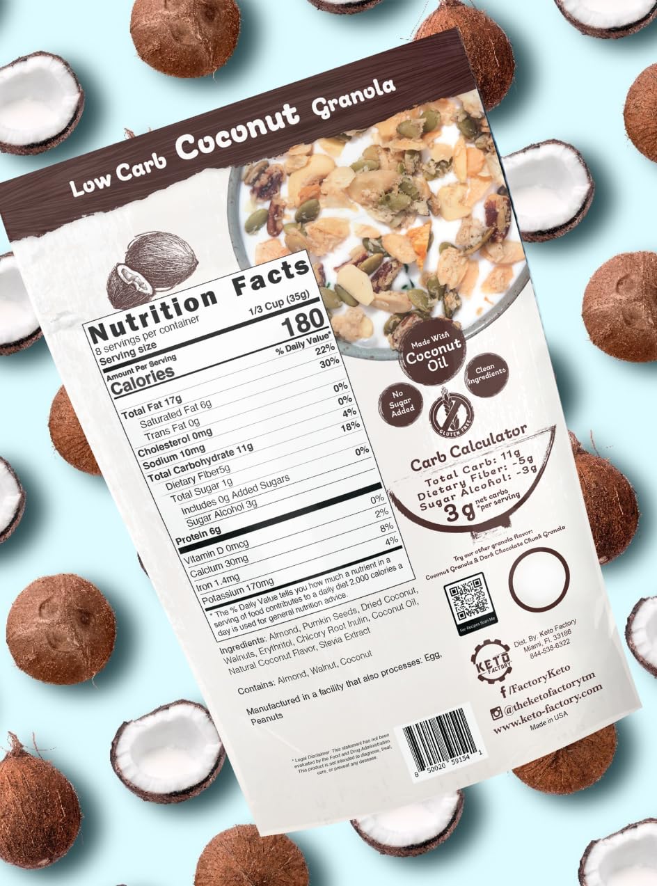 Keto Factory Coconut Granola - 3g Net Carbs, Gluten Free, Diabetic Friendly Keto Snacks for Adults - No Added Sugar, Crunchy, and Nutrient Dense Vegan