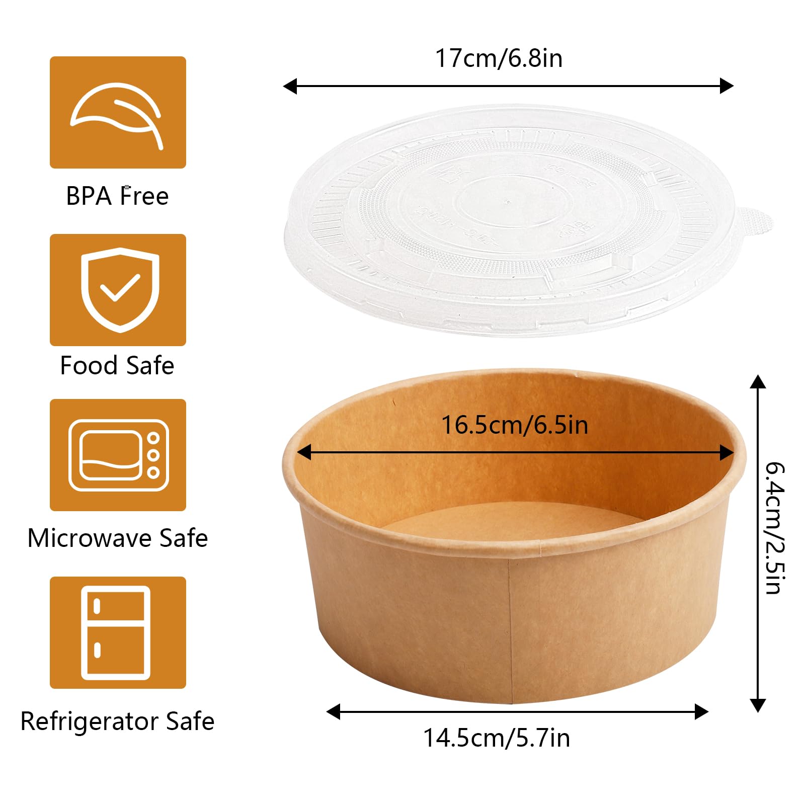 Bgtecho 50 Sets Large Kraft Paper Bowls with Lids (36oz) 50 pack Large Paper Bowls with Lids, 36 oz Kraft Paper Salad Bowls,Disposable Bowls