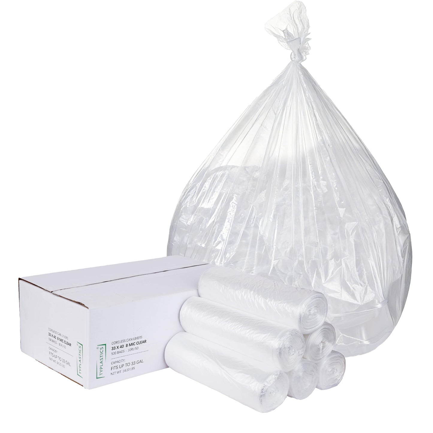 TYPLASTICS 33 Gallon Clear Trash Can Liners - 33" x 40" - High Density Garbage Bags - Case of 500 - Multipurpose for Office, Outdoor, Recycling