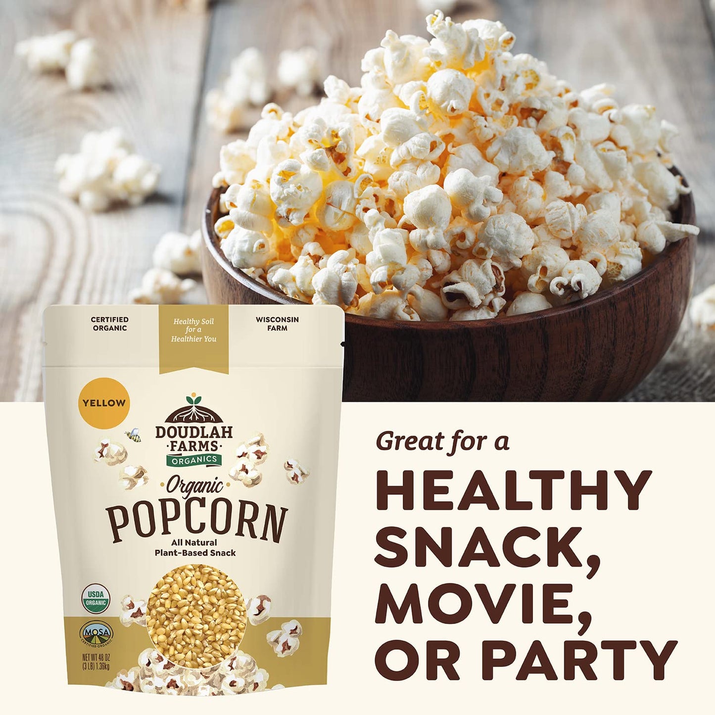 Organic Yellow Popcorn Kernels Unpopped 3 lb - Healthy, Non-GMO, Gluten-Free, Unsalted, Pesticide-Free, Chemical-Free, Glyphosate-Free, Grown in