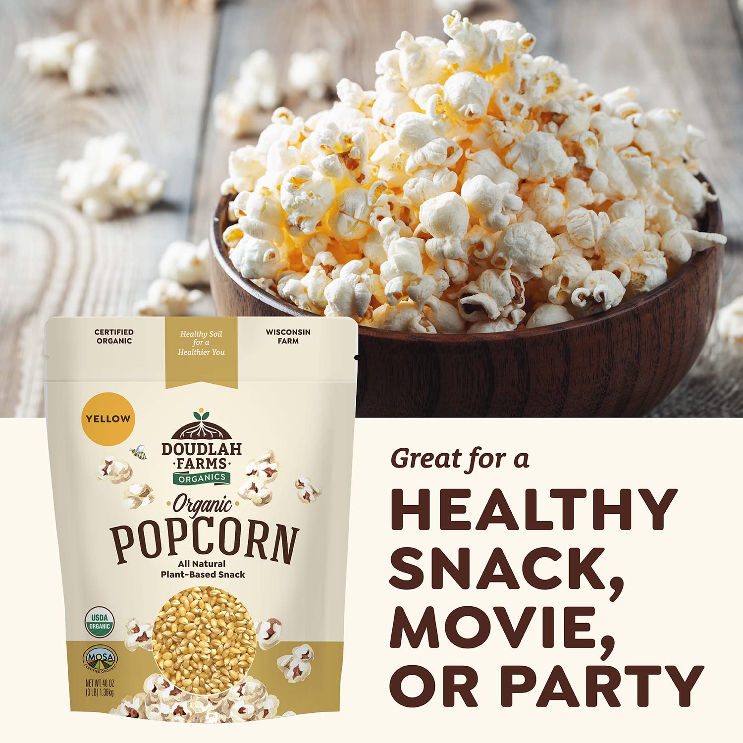 Organic Yellow Popcorn Kernels Unpopped 3 lb - Healthy, Non-GMO, Gluten-Free, Unsalted, Pesticide-Free, Chemical-Free, Glyphosate-Free, Grown in
