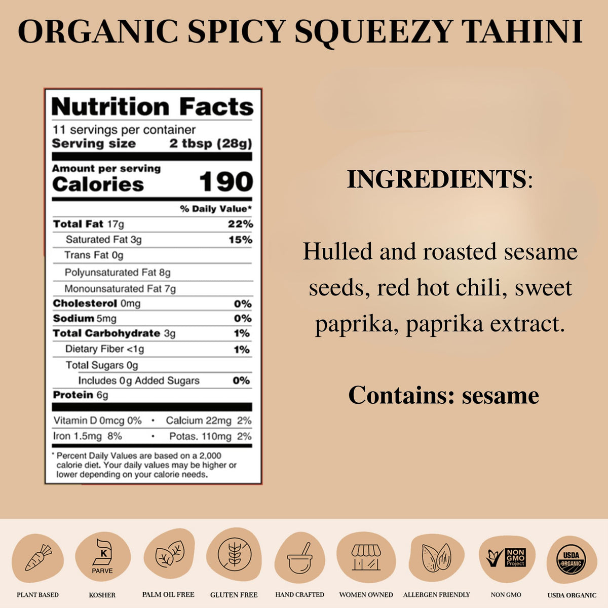 Seed + Mill - Tahini Sauce - Spicy Organic - Vegan - 10.93oz Squeeze Bottle