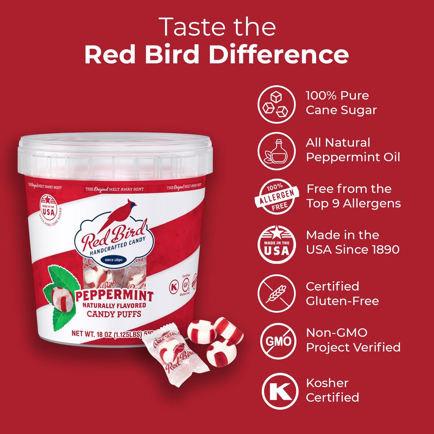 Red Bird Soft Peppermint Candy, Soft Mints Individually Wrapped, 18 oz Tub