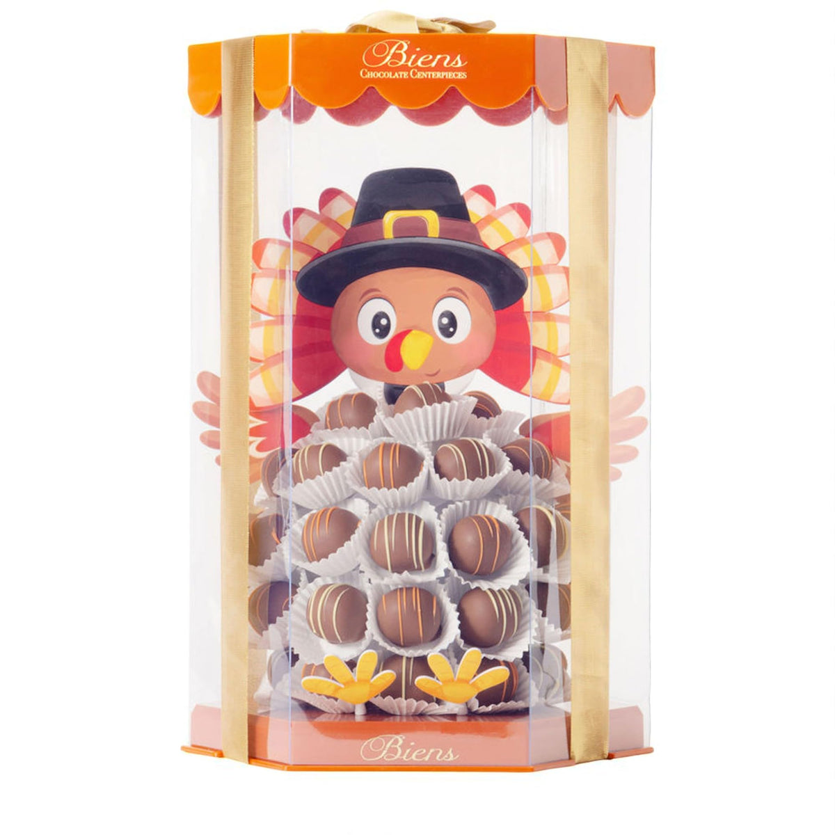 Biens Chocolate Centerpieces, Thanksgiving Box, Toby the Bien Turkey Tower, 50 Piece Hand Decorated Chocolates with Serving Platter, Ready to Serve