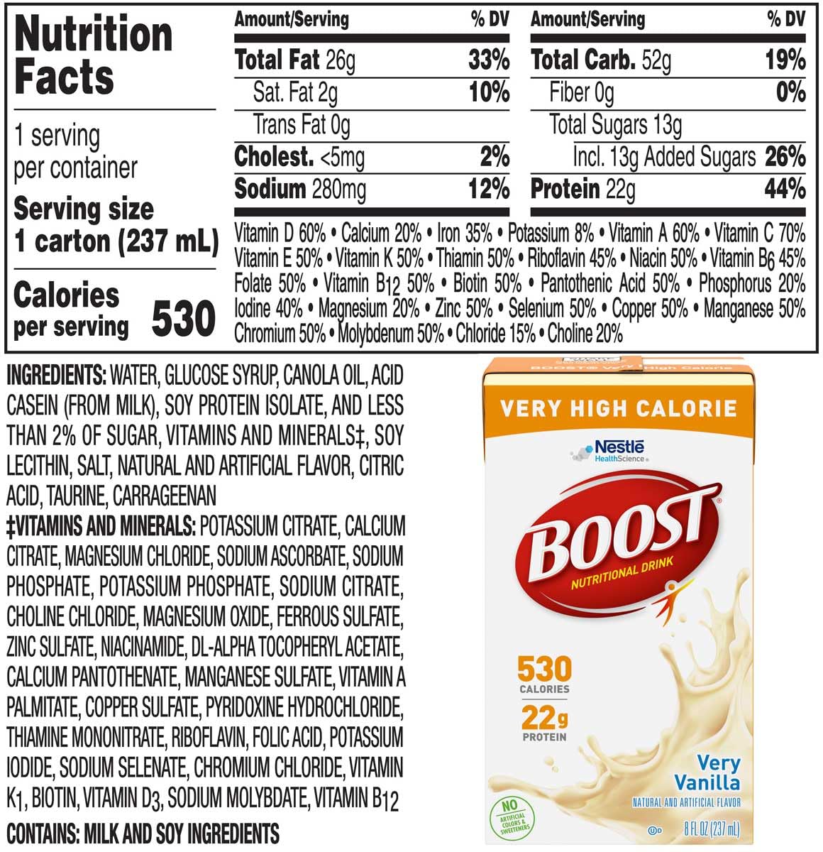 Boost Very High Calorie Nutritional Drink Very Vanilla, Made with Natural Vanilla Flavor & No Artificial Flavors, Colors & Sweeteners, 8 FL OZ (Pack