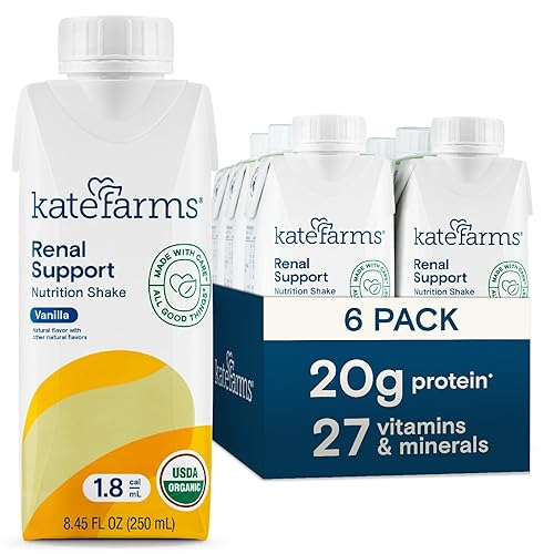 KATE FARMS Organic 1.8 Renal Support Shake, Vanilla, 20g Protein, 27 Vitamins and Minerals, Specialized Dialysis Nutrition Support, 8.45 oz (6 Pack)