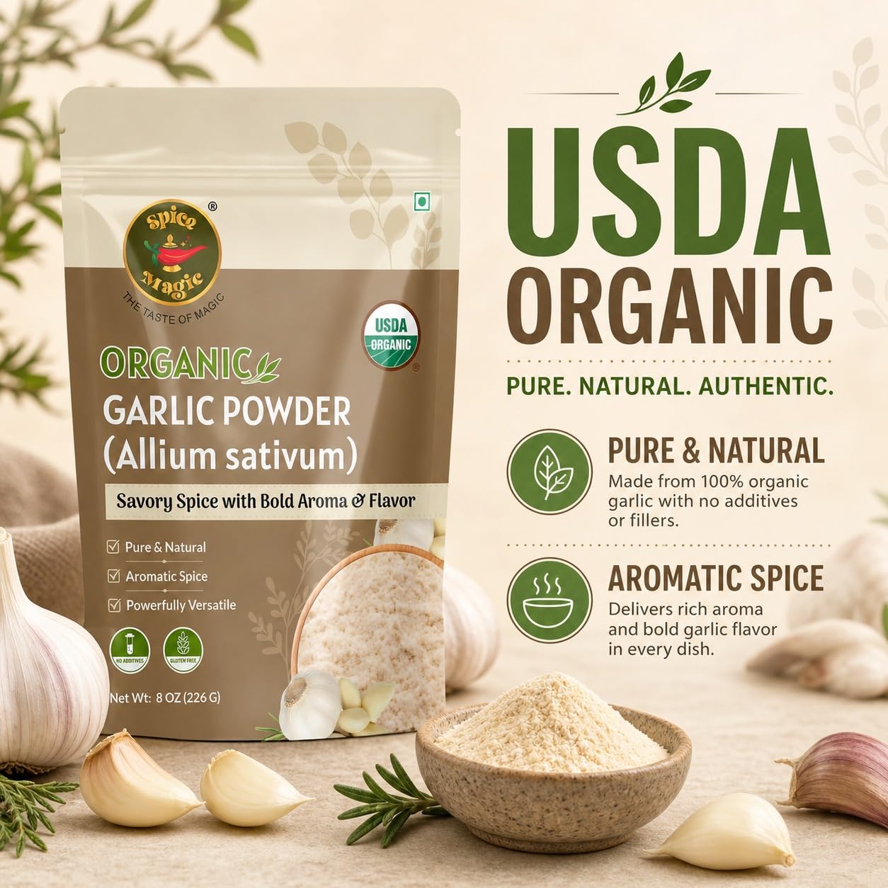 Spice Magic Organic Garlic Powder (Allium sativum),8 oz (226 g) | Finely Ground & Aromatic | Lab Tested,No ETO & Additive-Free | Premium Garlic