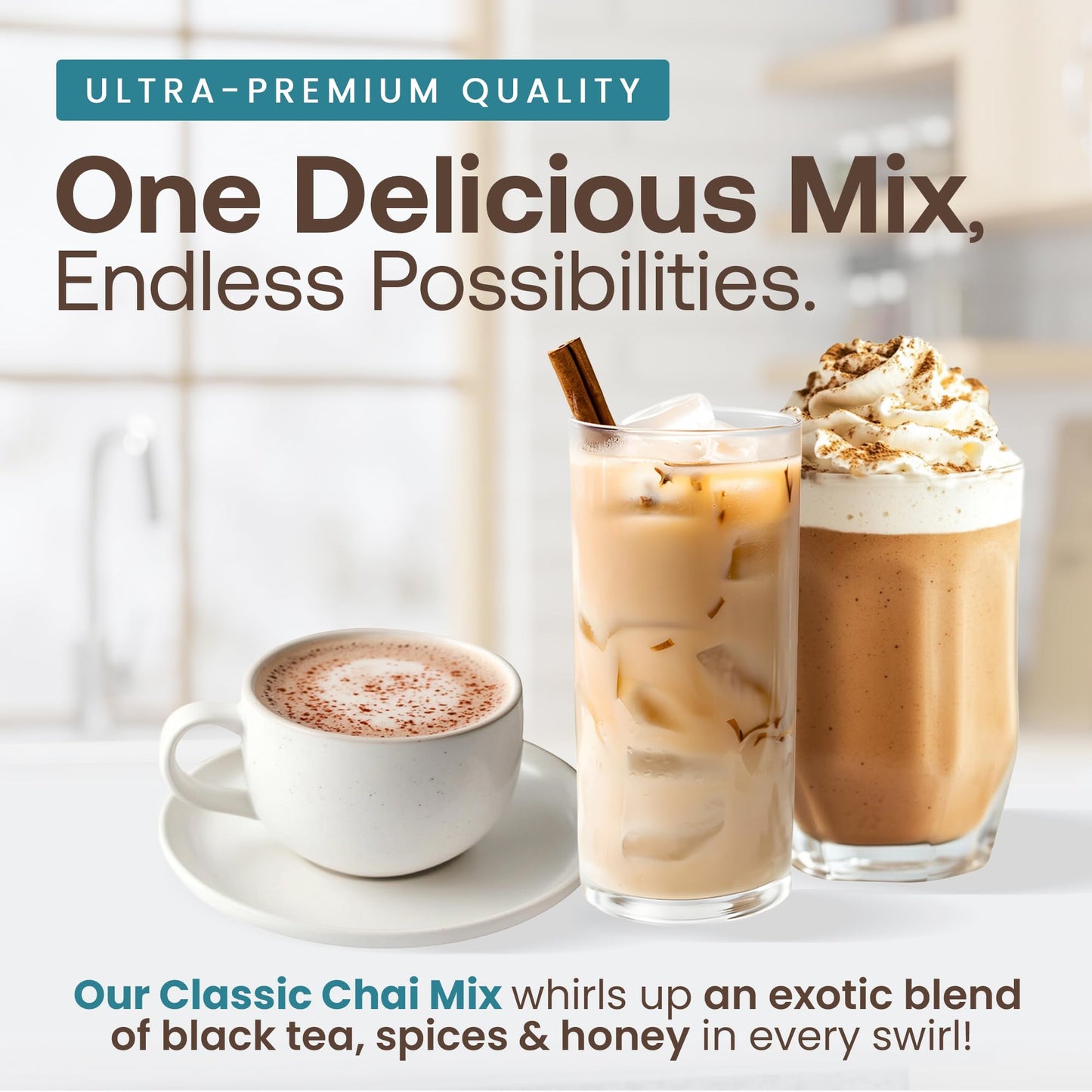 Café Essentials Classic Chai Frappe Mix - No Artificial Colors, Flavors, or Sweeteners - Shelf Stable - 62mg of Caffeine per Serving - Great for Hot