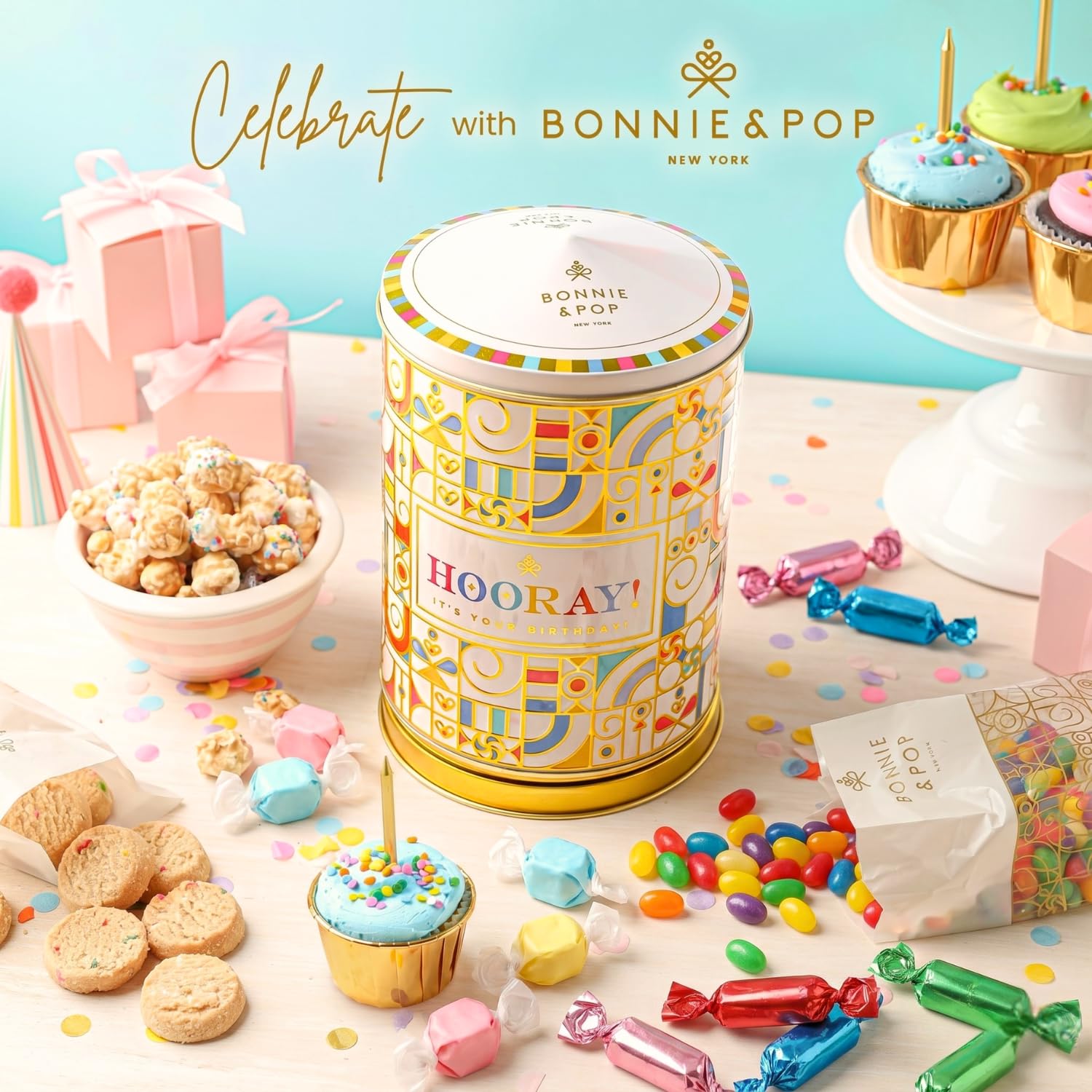 Birthday Gift Basket | Popcorn, Sweets, Candy, Cake Flavors | Tin Spins, Plays Music Happy Birthday | Bonnie and Pop