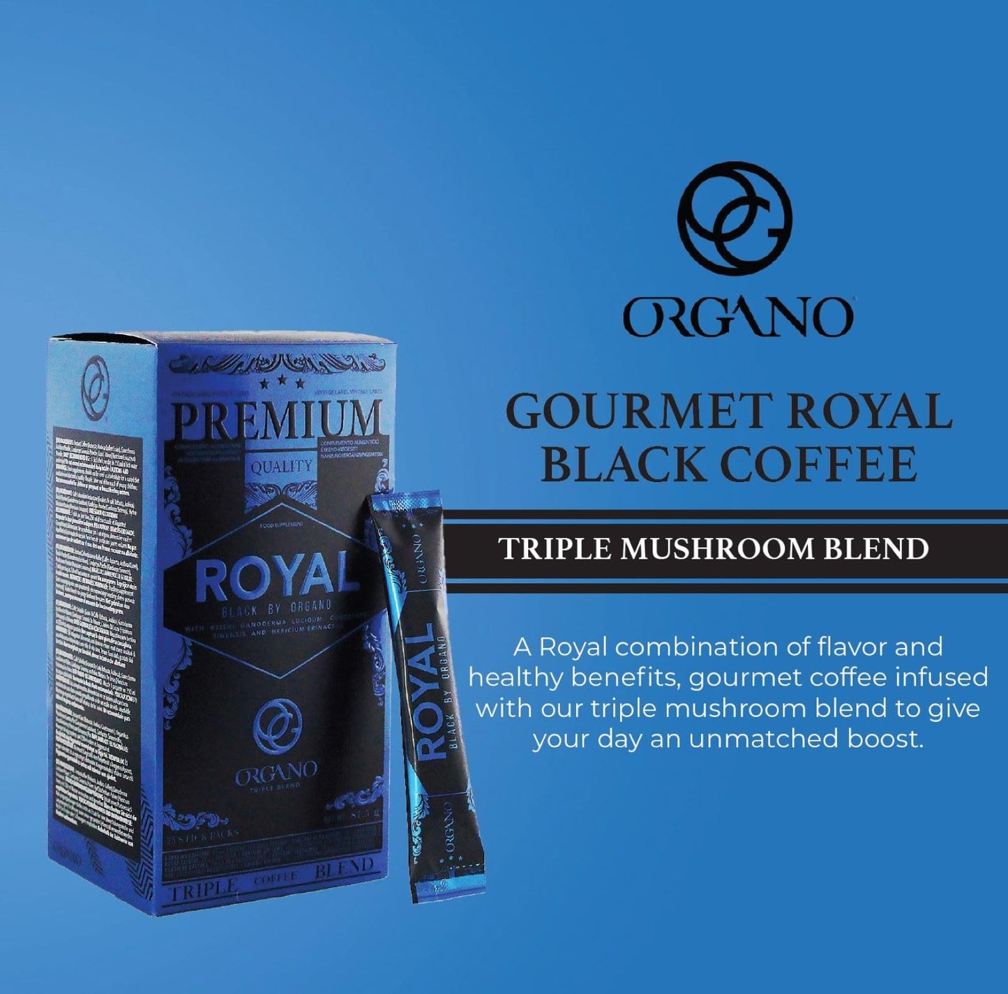 2 Boxes ORGANO Royal Black Medium Dark Roast Instant coffee. Infused with Triple Mushroom Blend, Ganoderma, Cordyceps and Lion's Mane. Aromatic