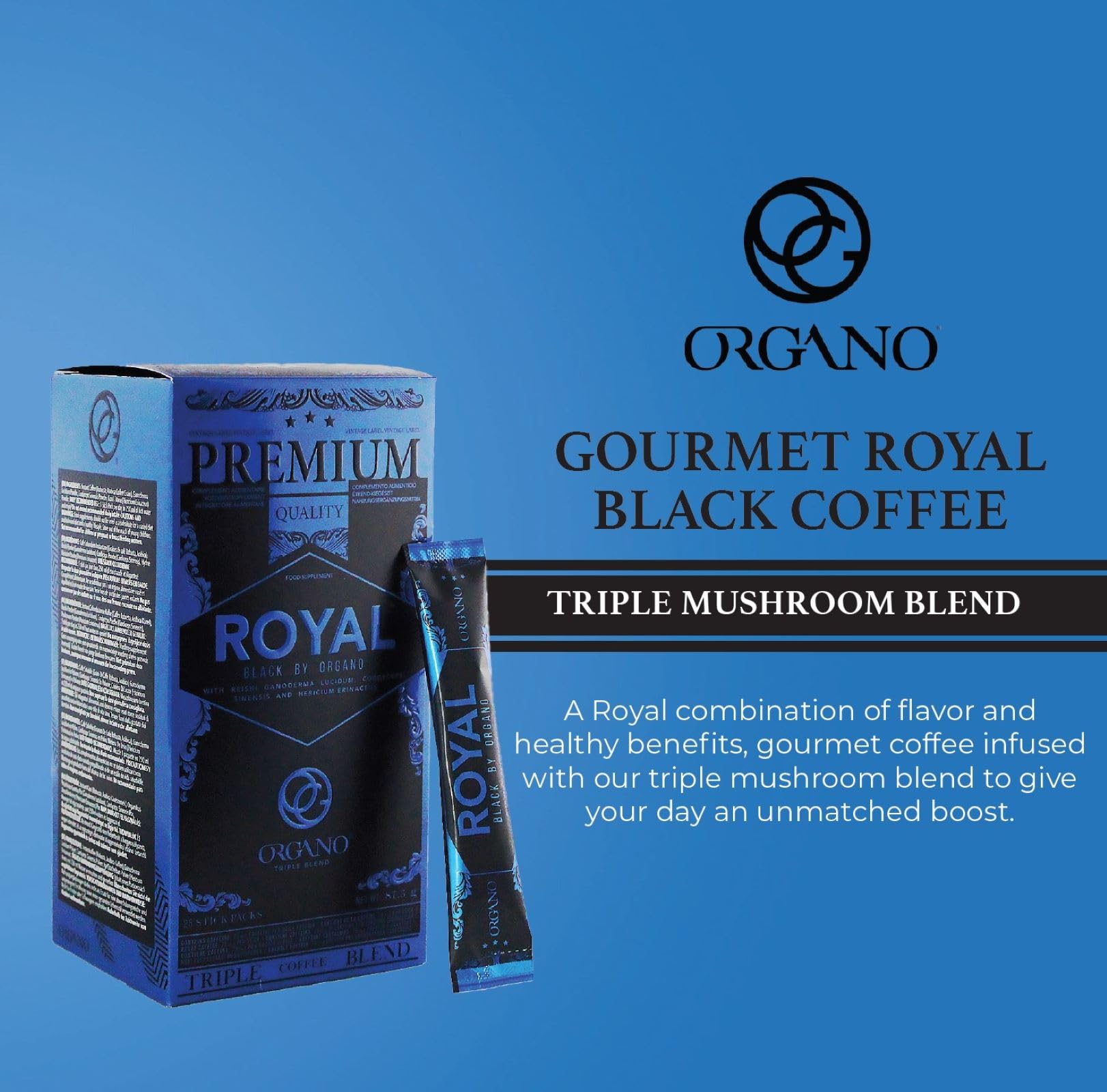 2 Boxes ORGANO Royal Black Medium Dark Roast Instant coffee. Infused with Triple Mushroom Blend, Ganoderma, Cordyceps and Lion's Mane. Aromatic