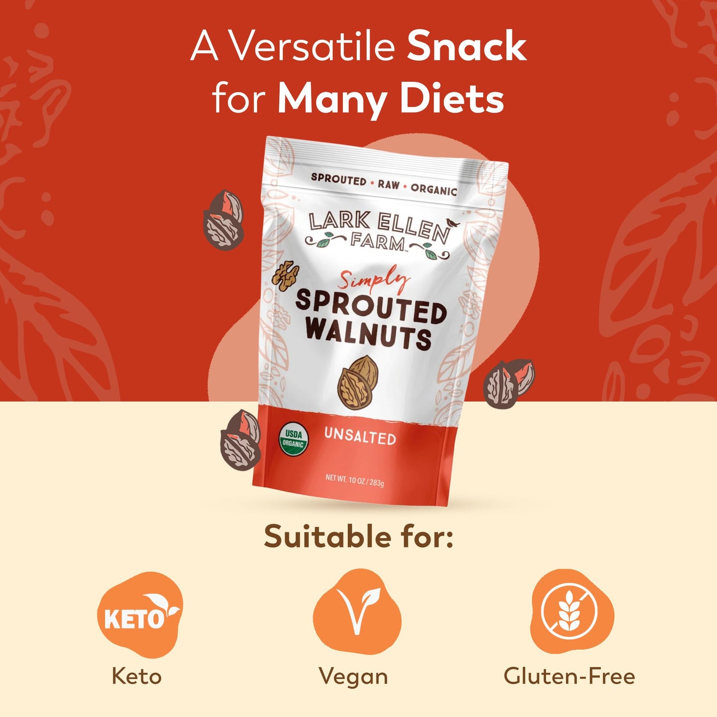 Lark Ellen Farm Organic Sprouted Walnuts - Raw, Unsalted, Keto-Friendly, Healthy Vegan Snack, Gluten-Free, 10 Oz, 3 Pack