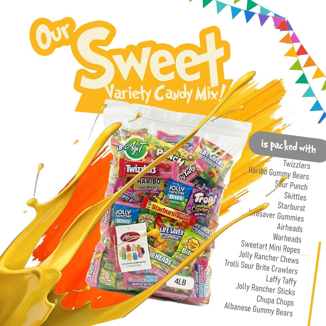 Assorted Candy Variety Pack 4lb - Bulk Candy Assortment Individually Wrapped Mixed Candy, Sweet & Sour Gummy Mix, Party Candy Bags for Piñata