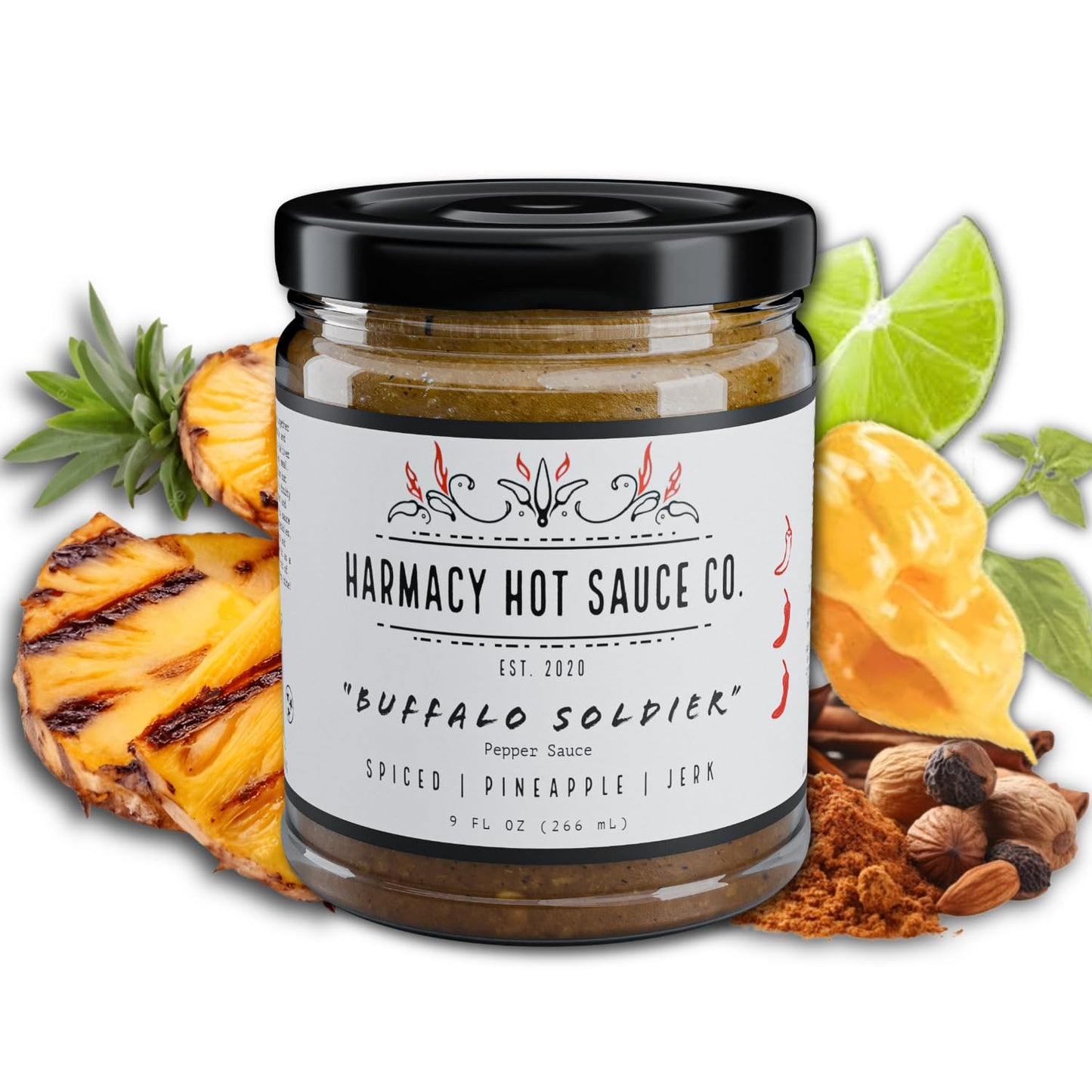 Buffalo Soldier - Grilled Pineapple Jerk Pepper Sauce by Harmacy Hot Sauce Co, 9oz, Small-Batch Artisan Spicy Sauce with Caribbean Flavor - Vegan