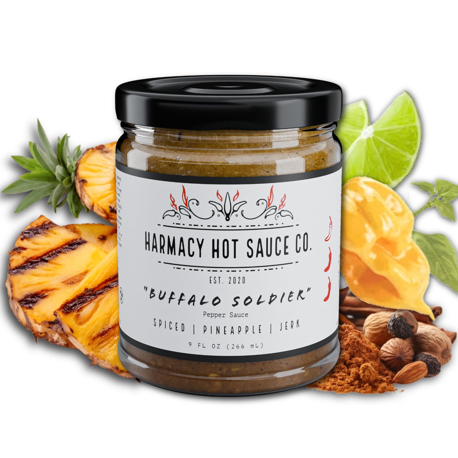 Buffalo Soldier - Grilled Pineapple Jerk Pepper Sauce by Harmacy Hot Sauce Co, 9oz, Small-Batch Artisan Spicy Sauce with Caribbean Flavor - Vegan