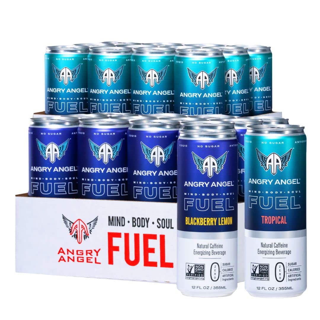Angry Angel Blackberry Lemon & Tropical Natural Energy Drink - (24 count) Mixed Pack - Zero Sugar - CoQ10 - Important B Vitamins - 12 oz Cans