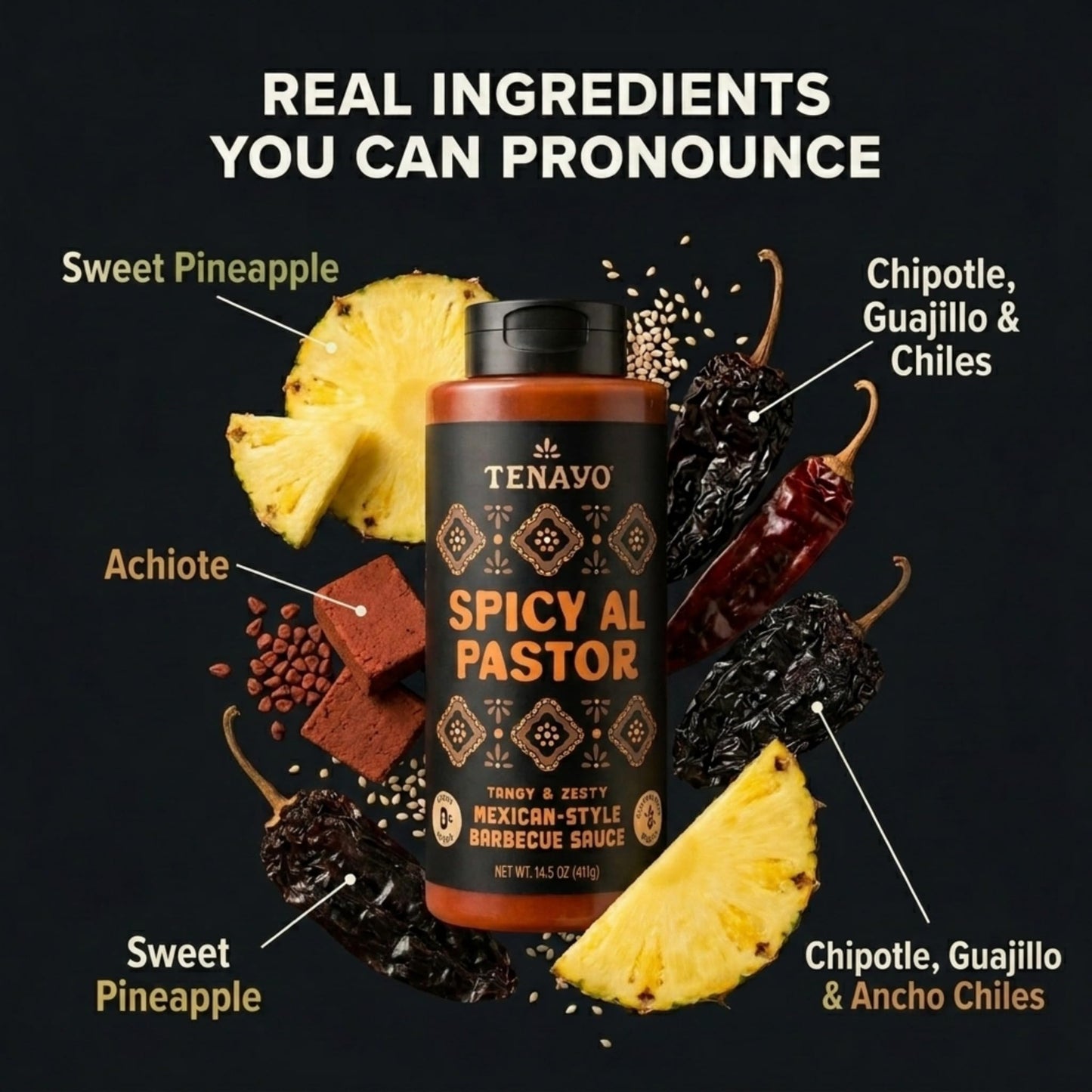 Tenayo Spicy Al Pastor BBQ Sauce, 2-Pack (14.5 oz Bottles) - Mexican Style Barbecue Sauce with Pineapple, Achiote & Chile Peppers - 4g of Sugar