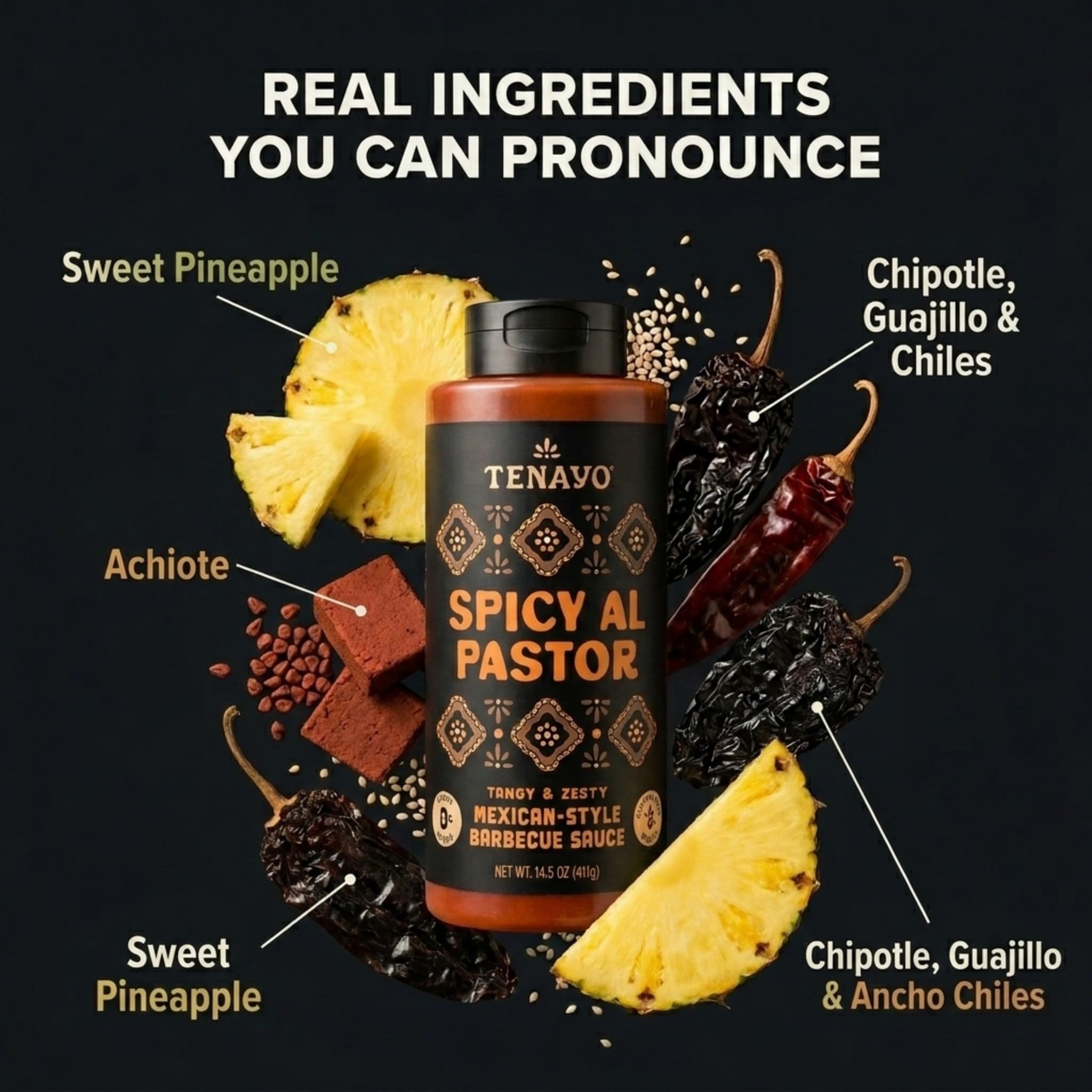 Tenayo Spicy Al Pastor BBQ Sauce, 2-Pack (14.5 oz Bottles) - Mexican Style Barbecue Sauce with Pineapple, Achiote & Chile Peppers - 4g of Sugar