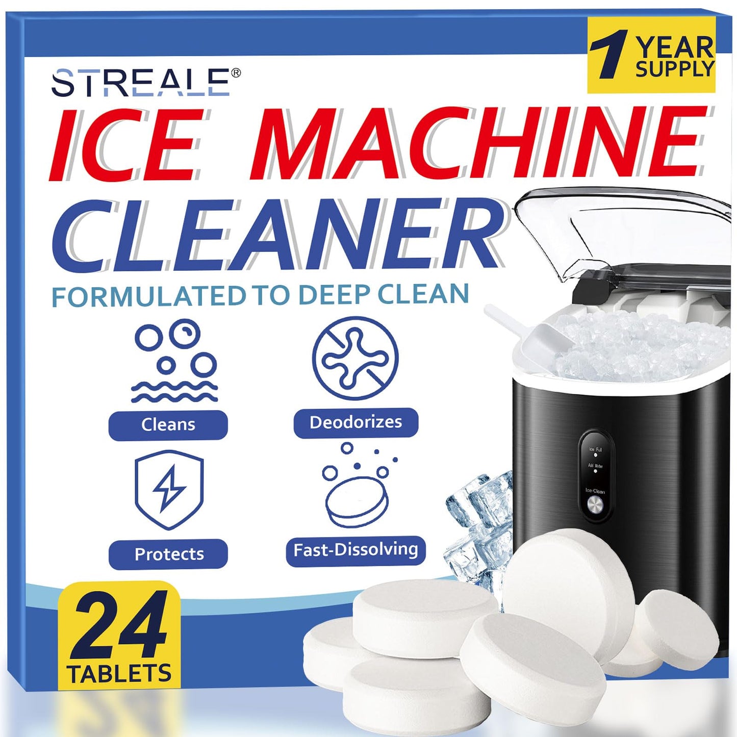 STREALE Ice Machine Cleaner Maker and Descaler - 24 Ice Maker Cleaner Tablets Compatible with All Major Brands, Nickel Safe Descaler Countertop