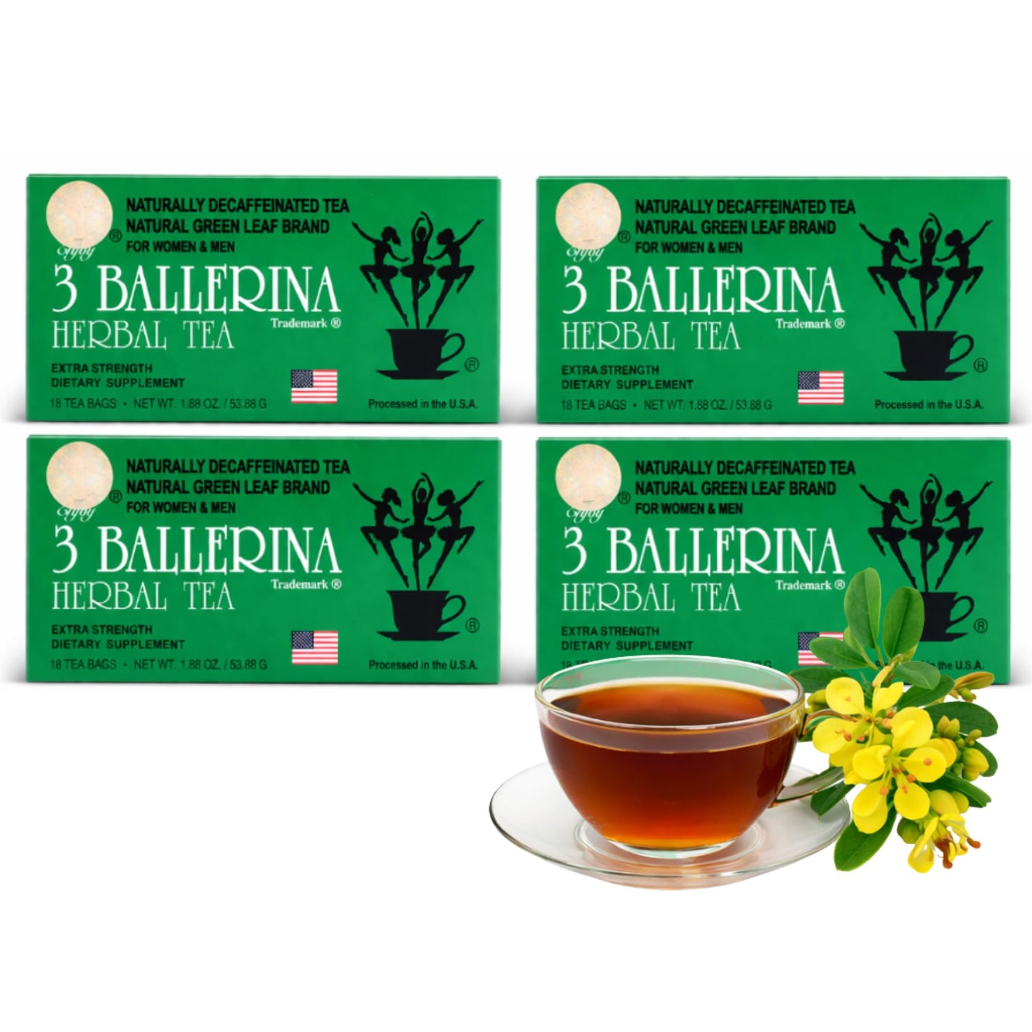 3 Ballerina Diet Tea Extra Strength - Caffeine-Free Herbal Tea Bags for Digestive Comfort - Pack of 4 (72Count)