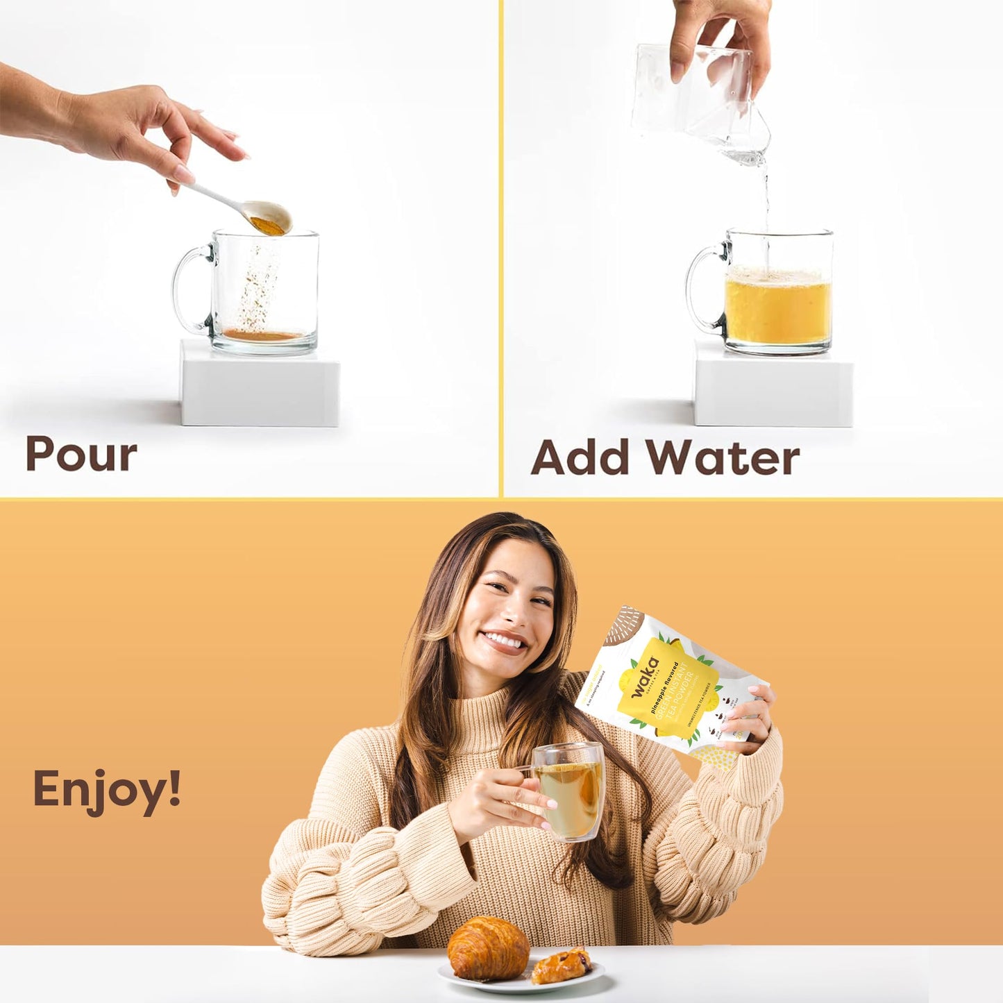 Waka Instant Green Tea Mix, Pineapple Flavored - 100% Tea Leaves, No Additives, Unsweetened Tea Powder in Bulk Pouch - Easy Quick Hot and Iced Teas