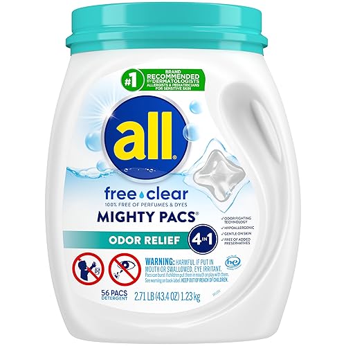 All Mighty Pacs Laundry Detergent Free Clear Odor Relief, Tub, 56 Count