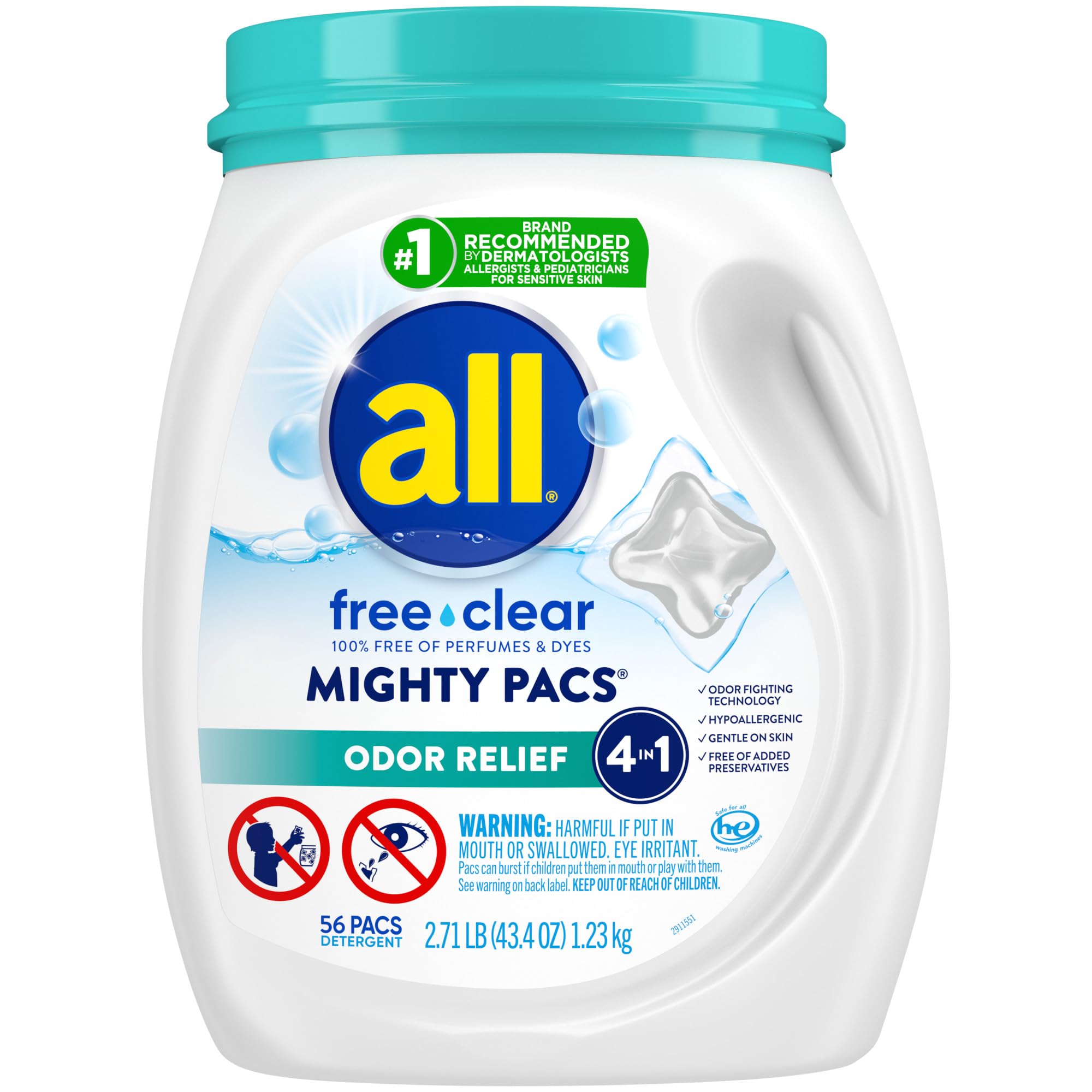 All Mighty Pacs Laundry Detergent Free Clear Odor Relief, Tub, 56 Count