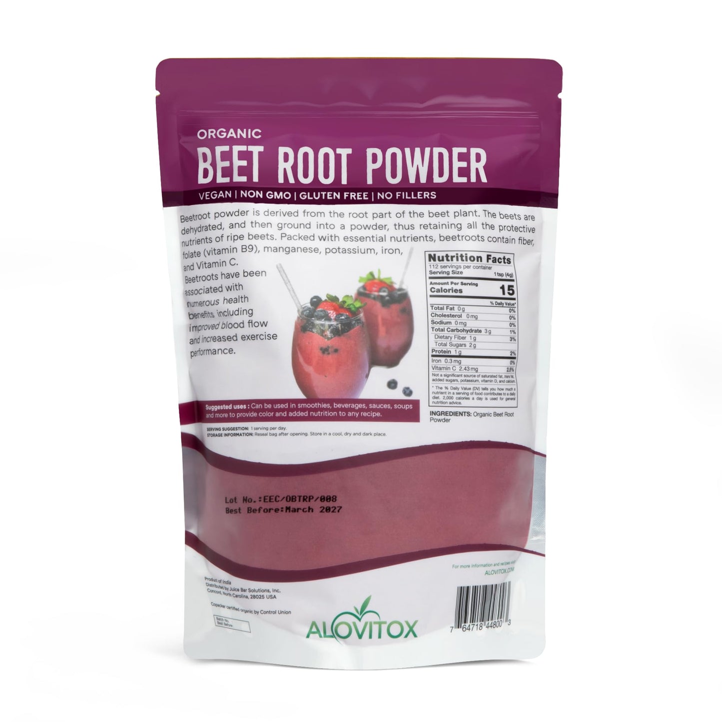 Alovitox Organic Beet Root Powder | 100% Fresh Beet Root Extract | Nitric Oxide Superfood, High in Calcium, Iron, Potassium & Folate | Supports