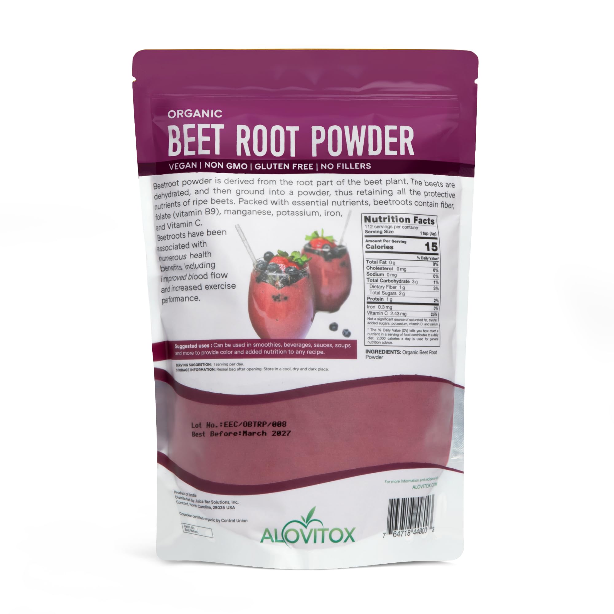 Alovitox Organic Beet Root Powder | 100% Fresh Beet Root Extract | Nitric Oxide Superfood, High in Calcium, Iron, Potassium & Folate | Supports