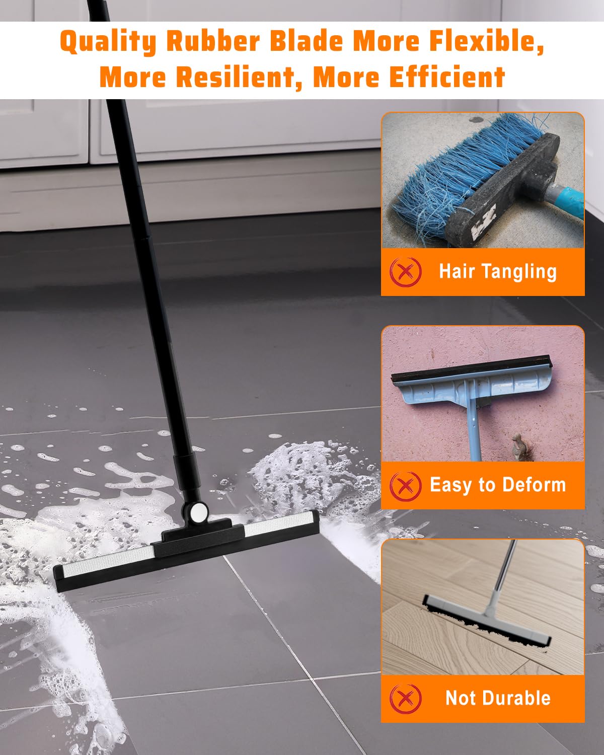 Qriveunet Heavy Duty Floor Squeegee for Concrete Floor- 14.2” Rubber Broom with Cloth Clip Design, 52” Extendable Window Cleaner, Squeegee Broom