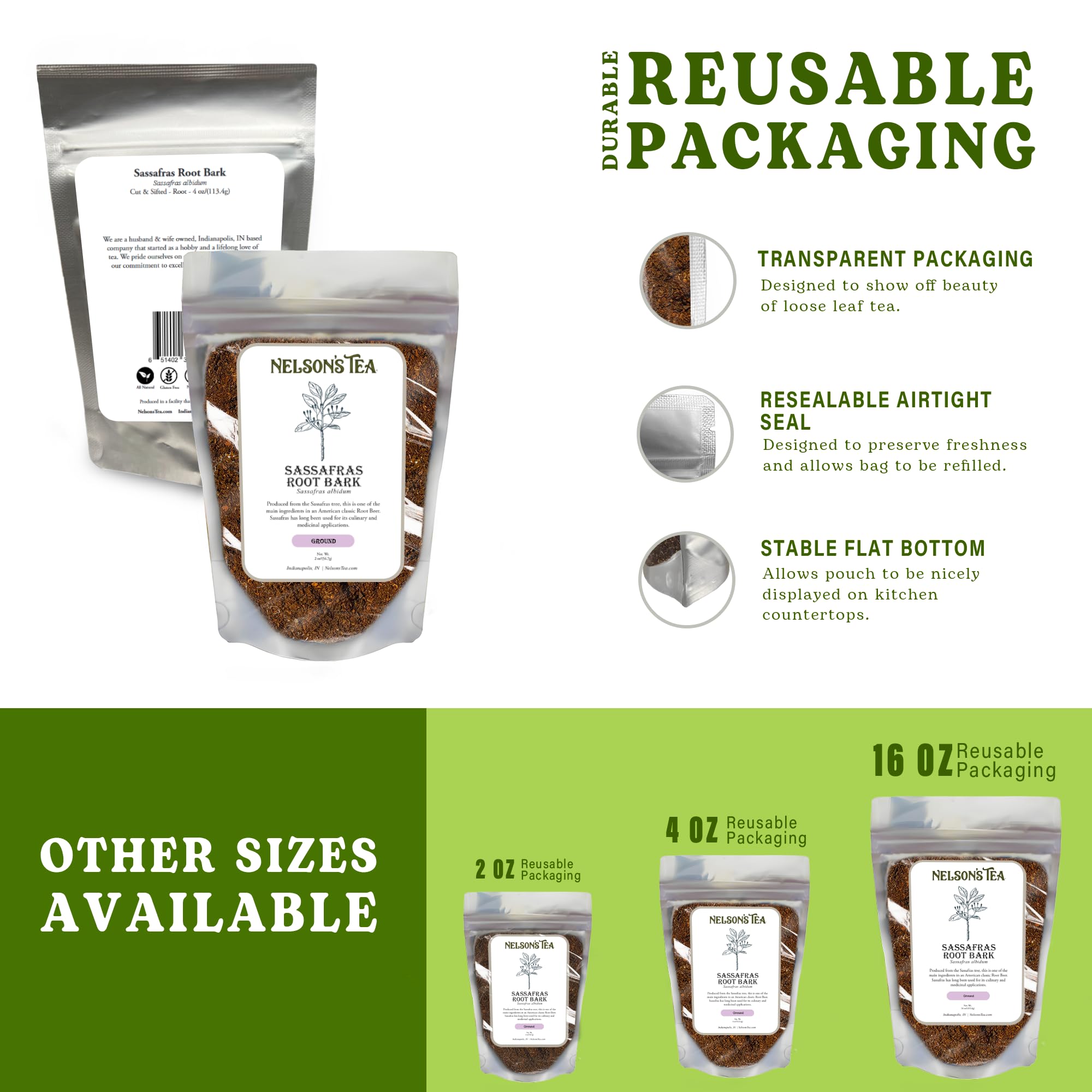 Nelson’s Tea - Sassafras Root Bark Ground - Caffeine Free - Aromatic Sassafras Albidum - Freshly Packed in a Resealable Bag for Lasting Freshness