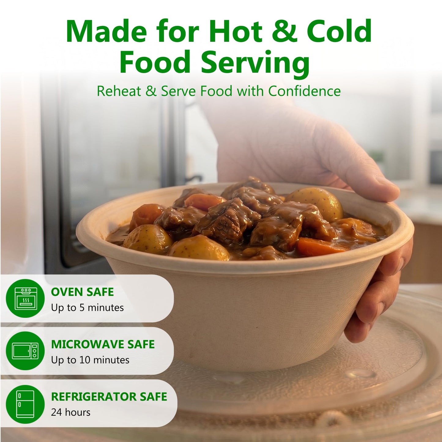 Enviro Safe Home 25 oz Bamboo Disposable Bowls - 70 Pack Heavy Duty Bowls for Hot & Cold Food - Microwave & Oven Safe, Leak Proof, Oil Resistant, BPA