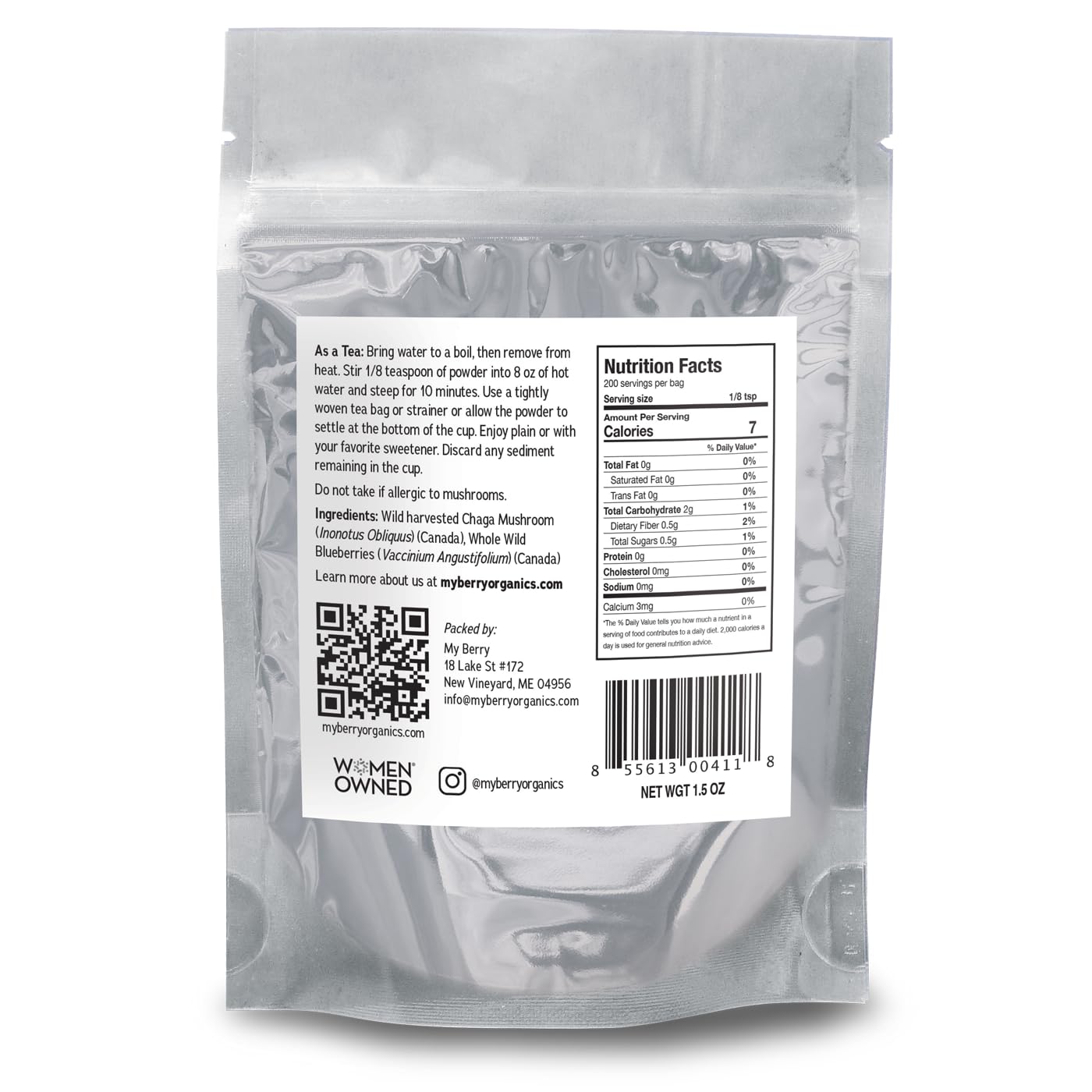 Maine Chaga & Wild Blueberry Tea Powder- Herbal Superfood Blend | 100% Wild-Harvested USA & Canadian Grown Chaga | 1.5oz | Caffeine-Free
