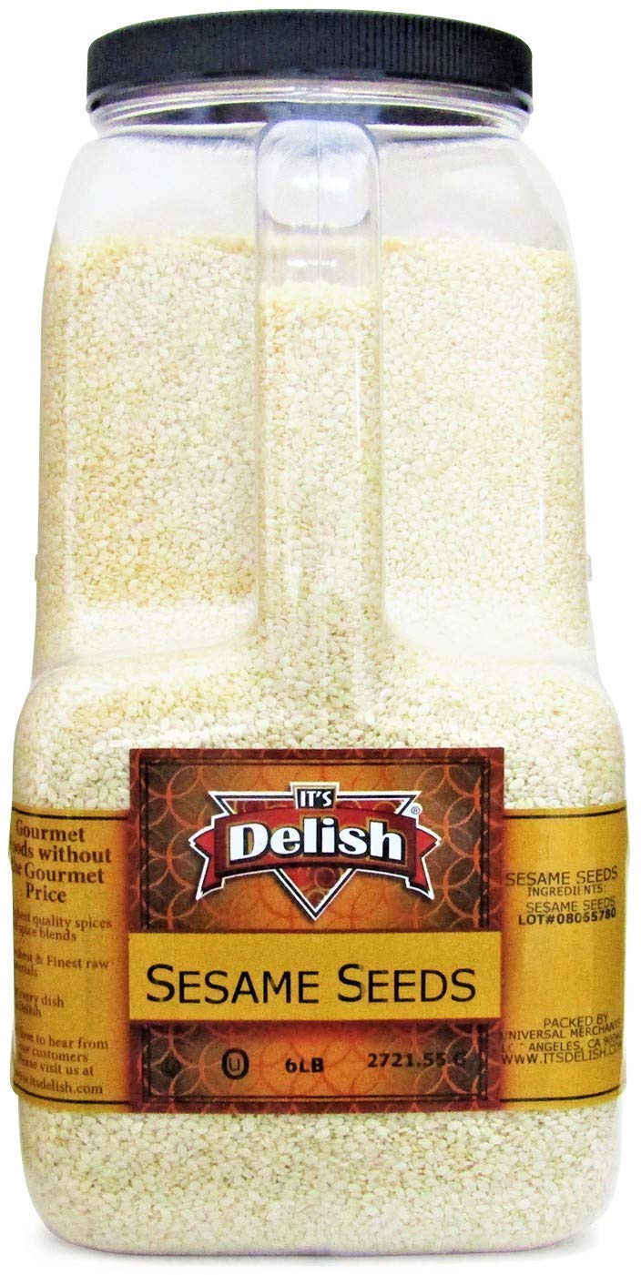 Gourmet White Sesame Seeds (Hulled) by It's Delish - 6 lbs Gallon Size Container Jug with Handle - Premium Whole Sesame Bulk Restaurant & Foodservice