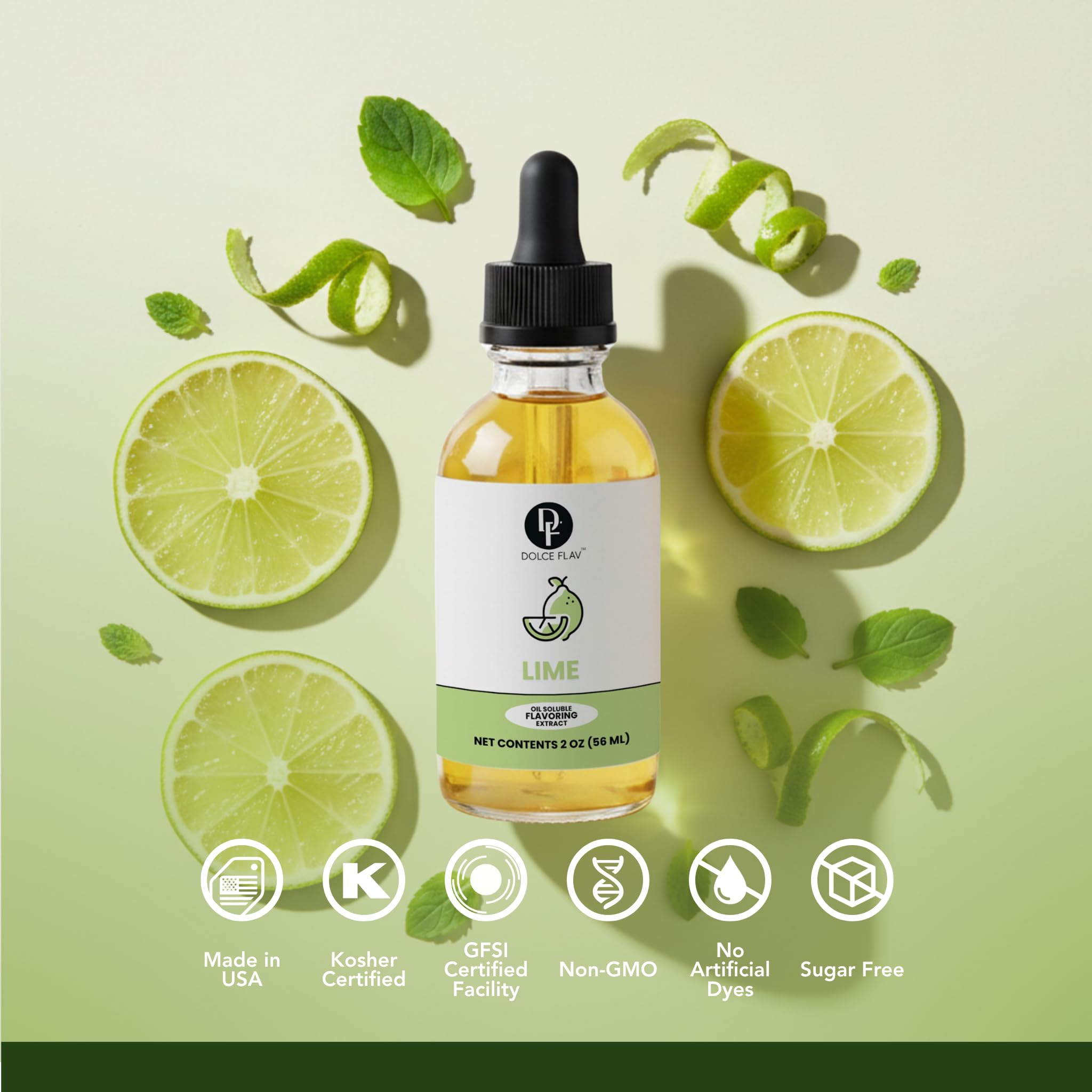 Dolce Flav Natural Lime Extract - 2 Ounce Oil-Soluble Kosher, Sugar-Free, Concentrated Citrus Lime Flavor for Candy, Chocolates & Desserts, Includes