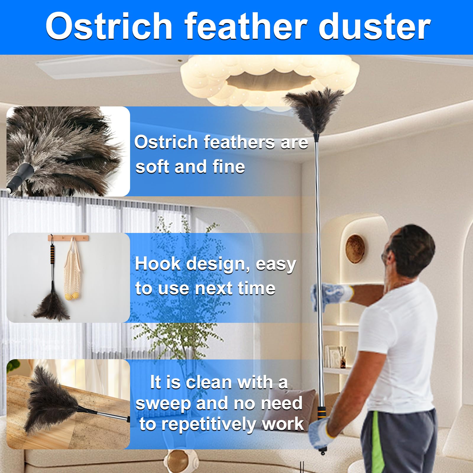 CHKYYB Extendable Ostrich Feather Duster 60 Inches Fluffy Natural Genuine Handheld Feather Duster for Cleaning High Ceiling Pendant Lamp Office Home