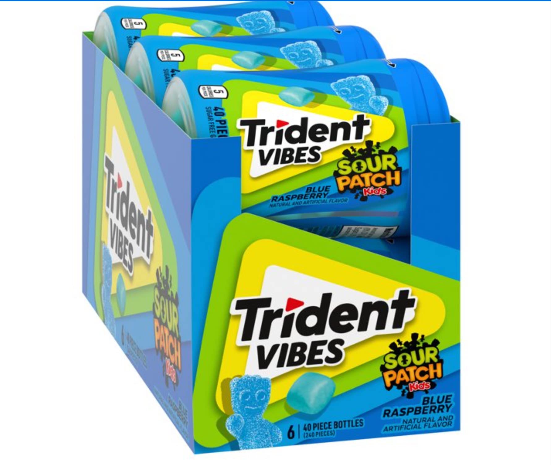 Trident Vibes SOUR PATCH KIDS Blue Raspberry Sugar Free Gum, 6-40 Piece Bottles (240 Total Pieces)