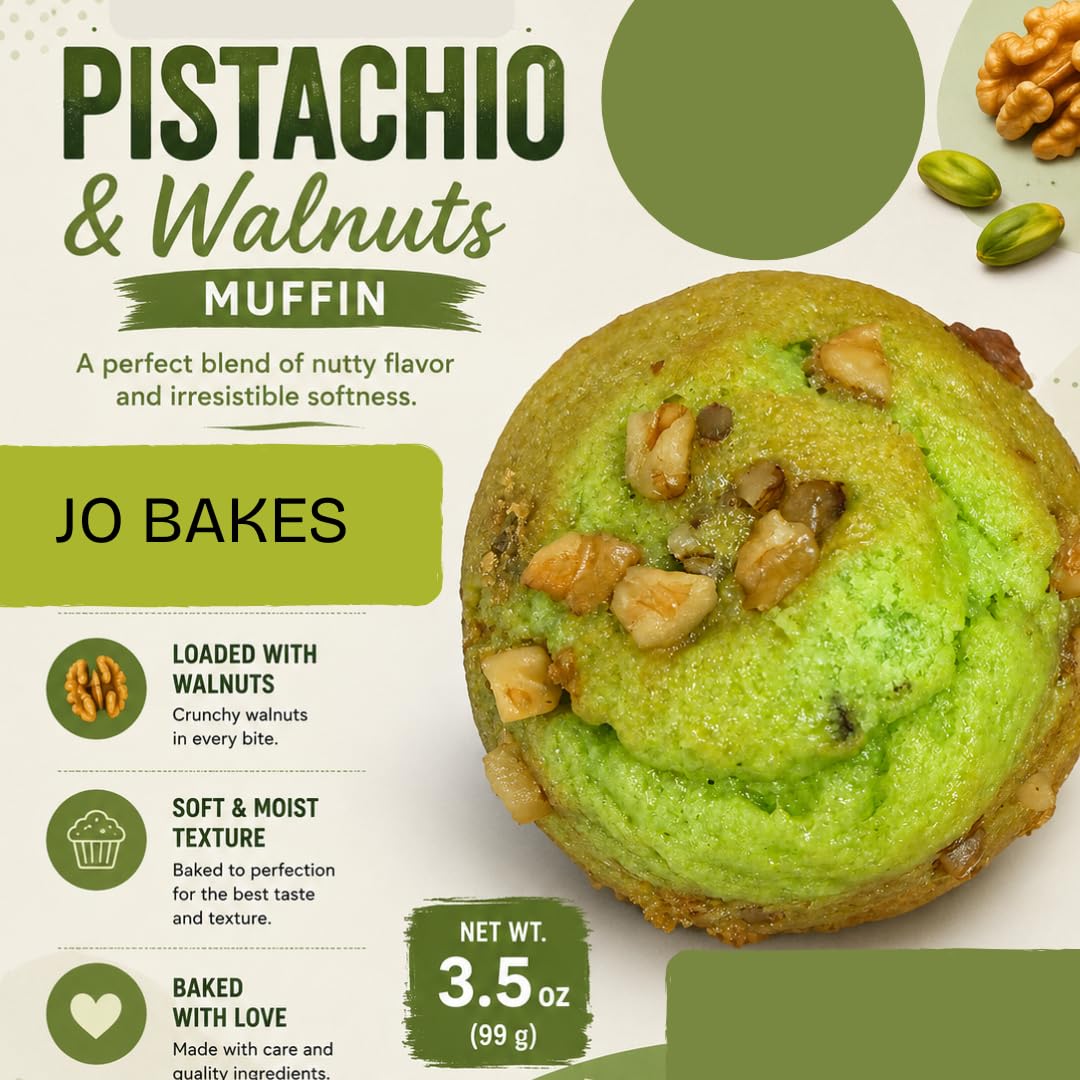 Pistachio Walnut Muffins, Soft Moist Bakery Breakfast Snack, 4 Count, 14 oz - JO BAKES