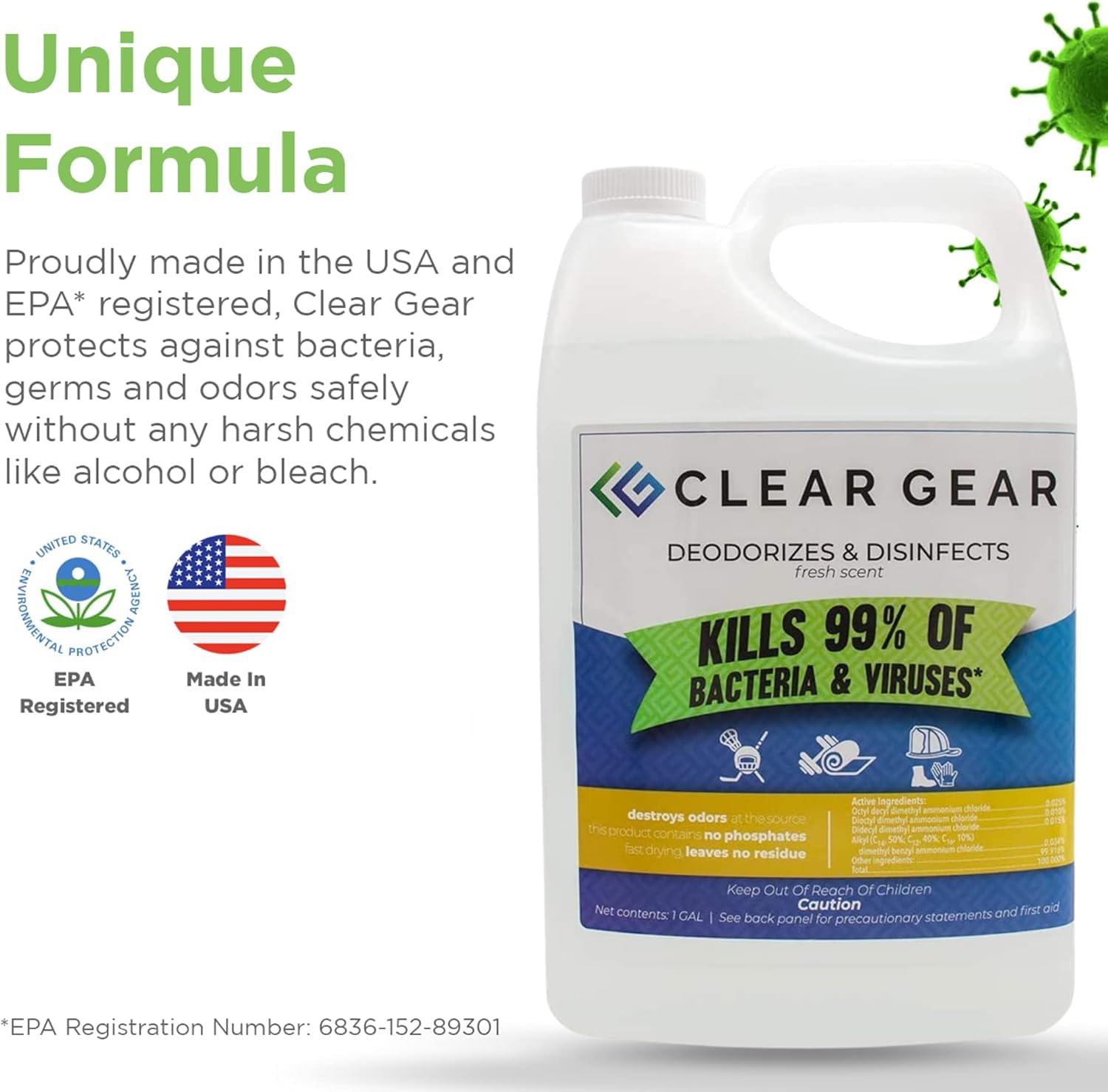 Clear Gear - Disinfectant, Cleaner, and Deodorizer for Sports Equipment, Gyms, and Fitness Centers - EPA-Registered, Hospital Grade, Made in USA - 1
