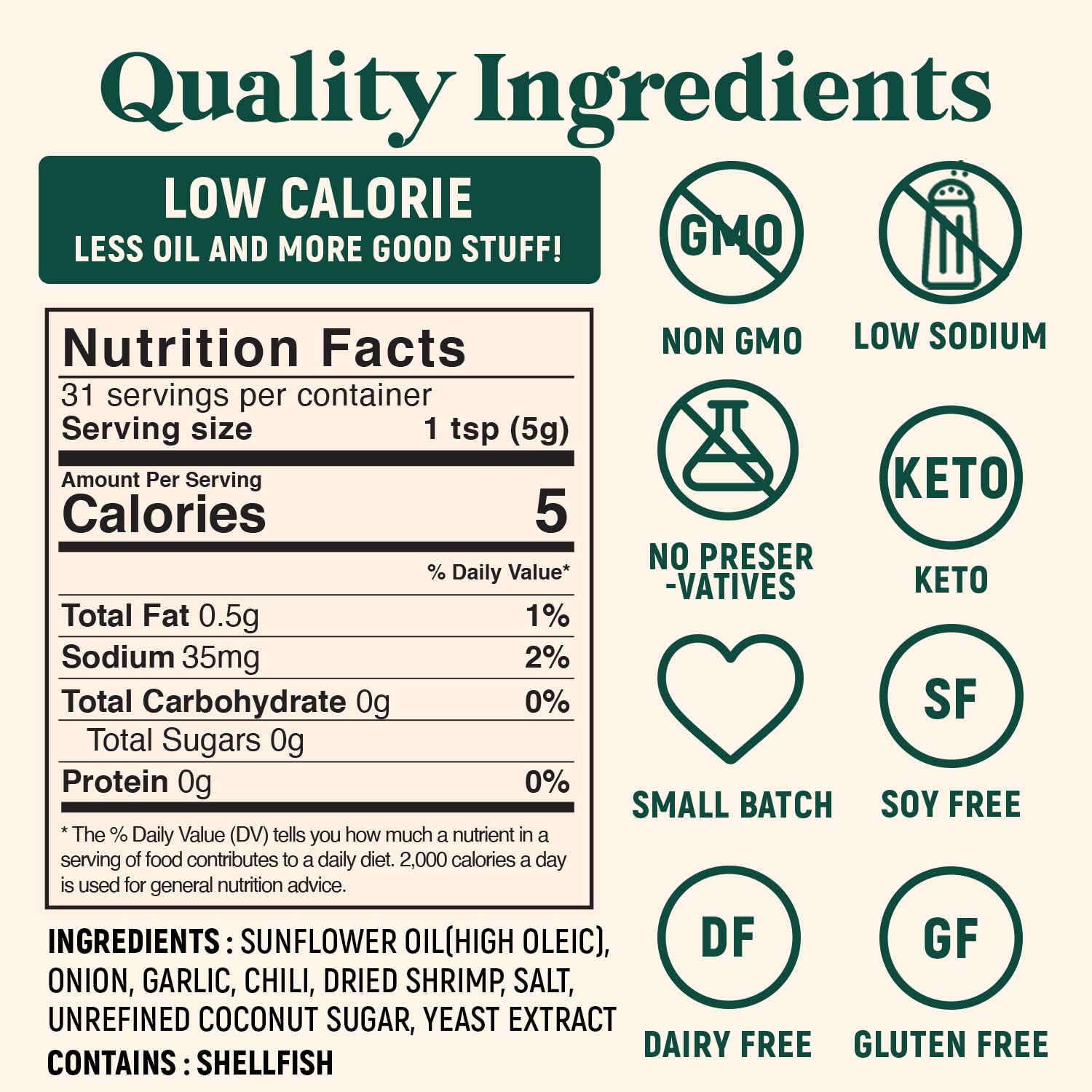 Homiah Sambal Chili Crunch, Shrimp, 6oz - Less Oil Low Sodium Gluten Free Non-GMO, Sambal Oelek Chili Paste, Shrimp Paste, Crispy Crunch Topping