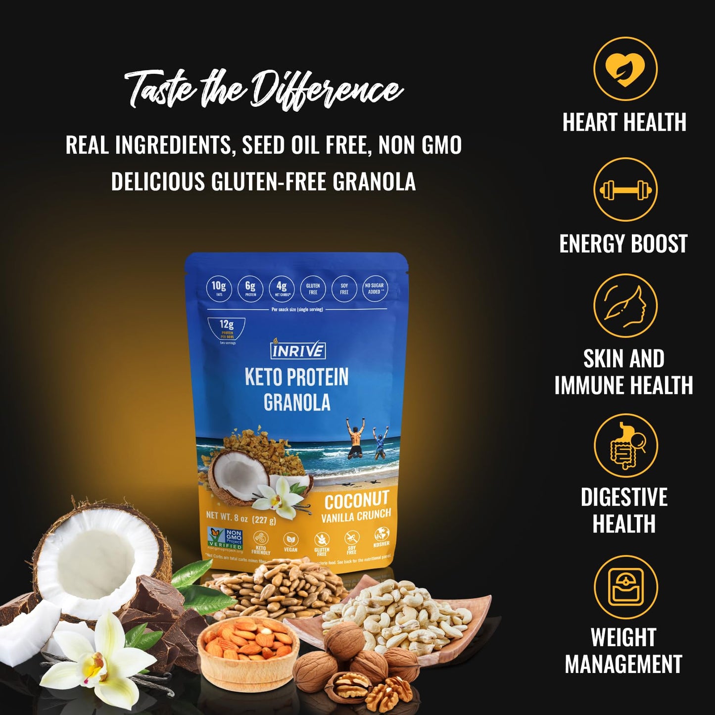 Inrive Keto High Protein Gluten Free Granola (Coconut Vanilla Crunch) Non GMO, No Sugar Added, Vegan, Kosher, Soy Free, 1 Pack